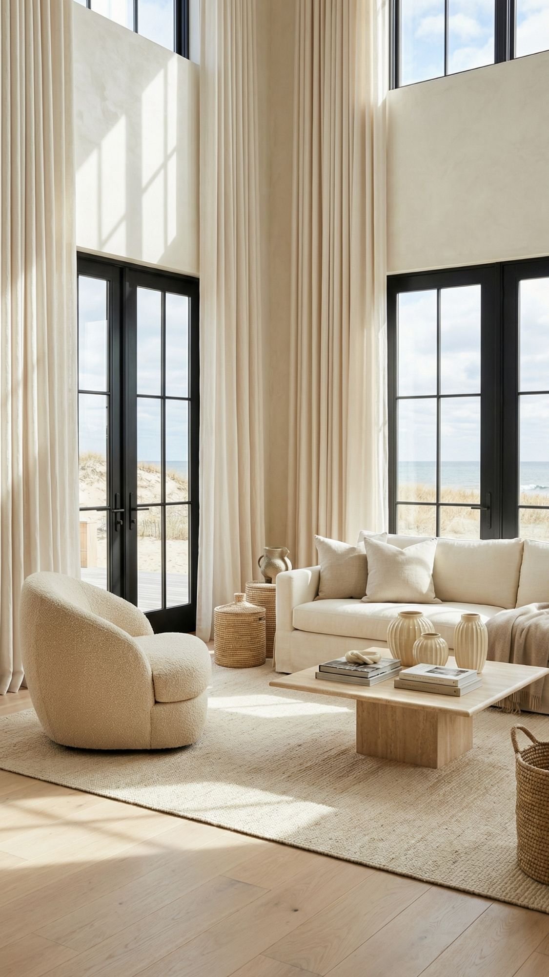 A modern living room with tall windows, cream-colored curtains, a beige sofa with cushions, and a light wood coffee table offers inspiring home decor ideas to refresh your space this spring. Woven baskets and a light rug complete the inviting look.