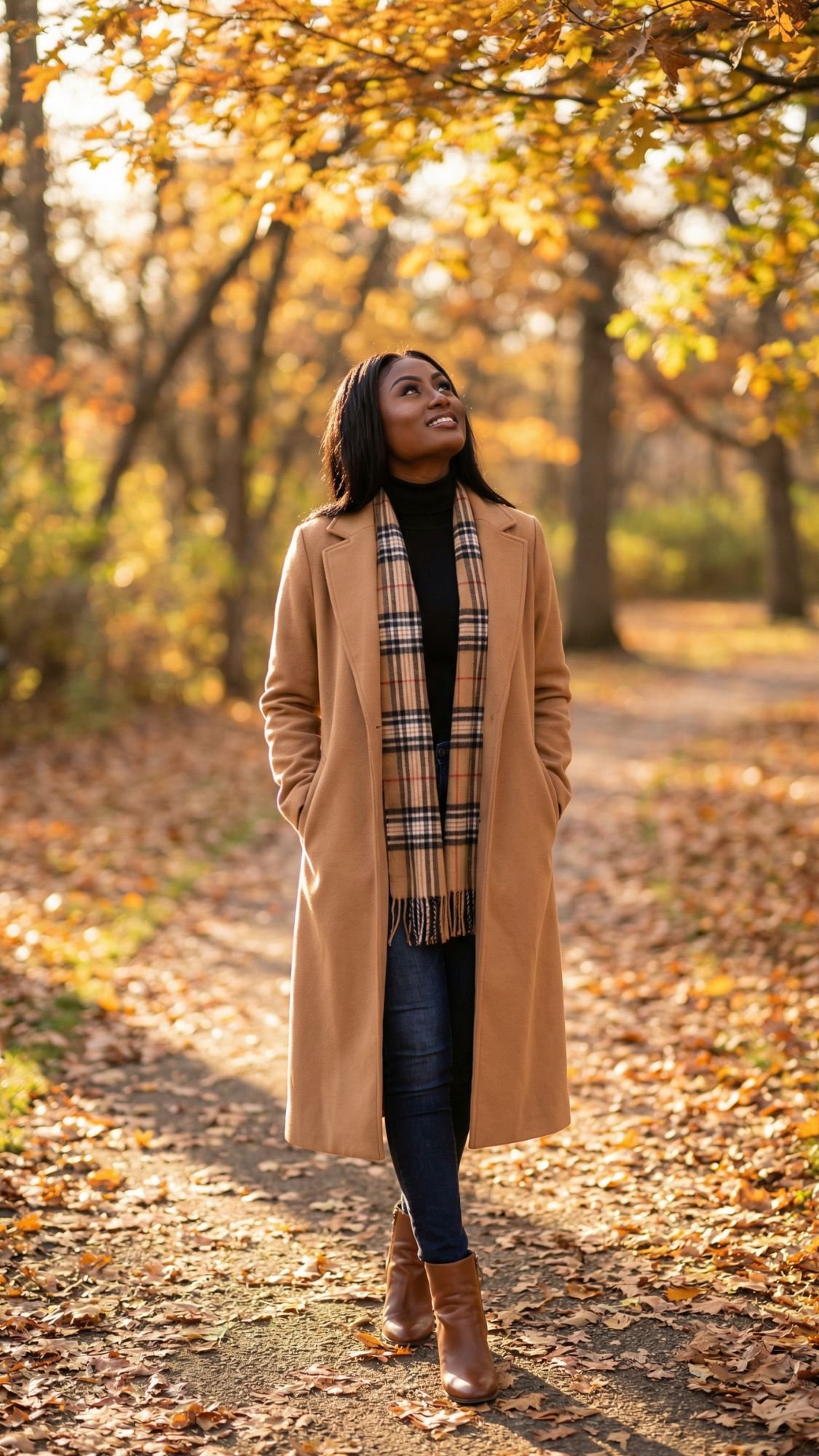 An introvert wearing a tan coat, plaid scarf, jeans, and brown boots walks along a leaf-covered path in a sunlit autumn forest, looking up and smiling amid golden trees during her peaceful fall reset.