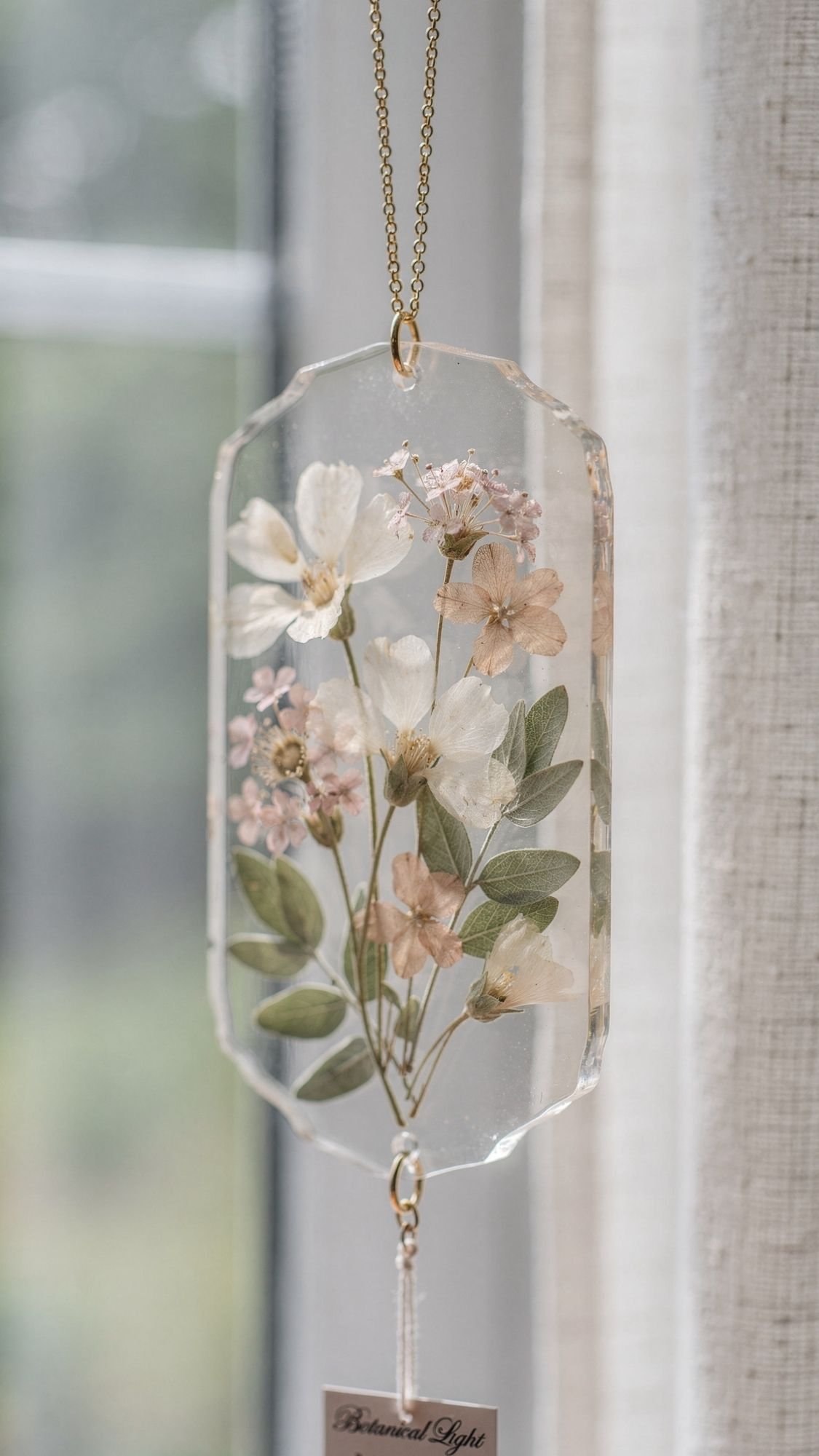 A fresh and lovely pressed flower and leaf arrangement is encased in a clear, oval-shaped resin pendant, hanging by a gold chain—an ideal DIY present for garden loving moms, beautifully showcased in front of a softly lit window.