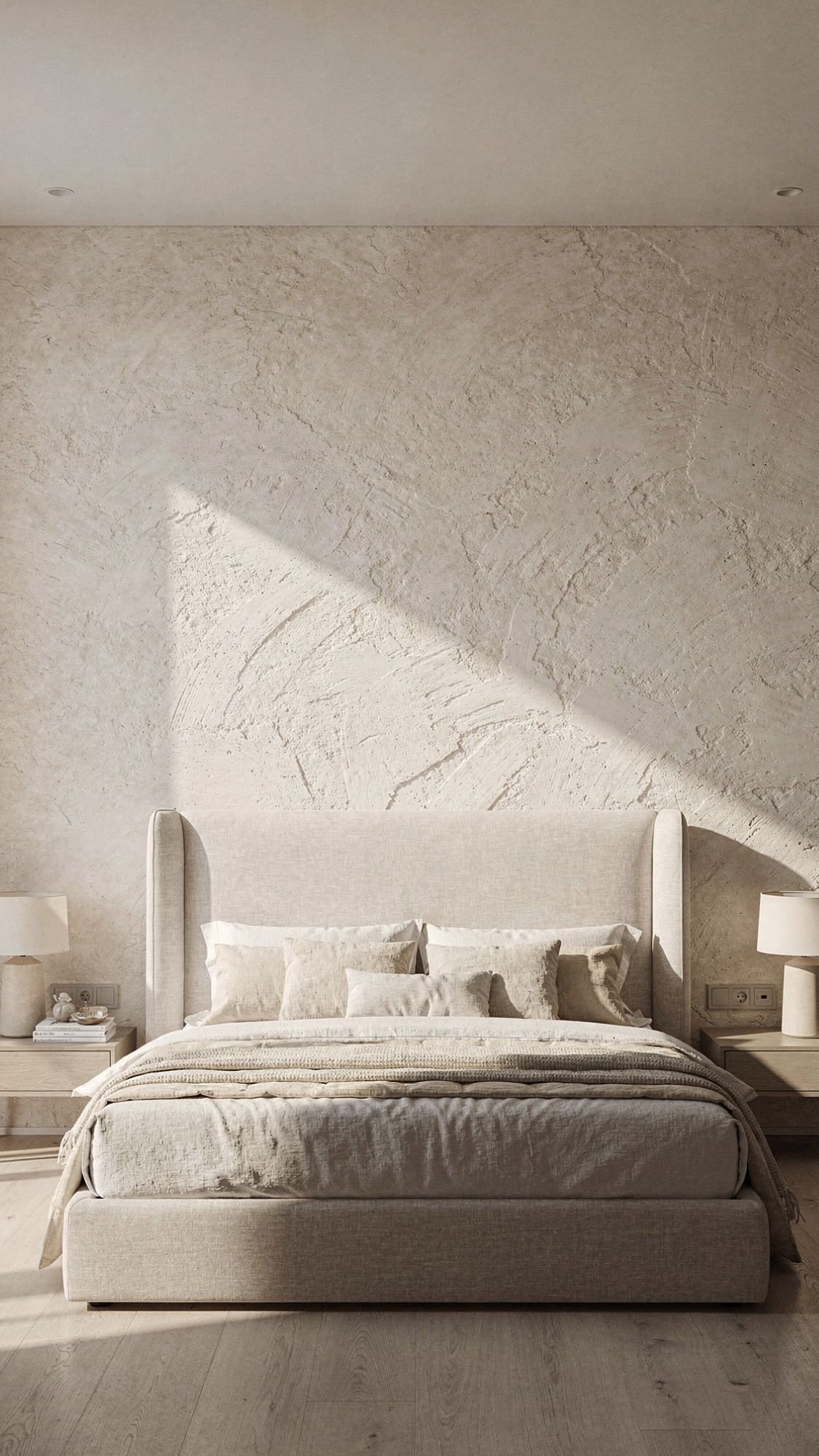 A minimalist bedroom with a textured beige accent wall, a large upholstered bed with neutral bedding and decorative pillows, and two matching nightstands with lamps—a perfect example of quiet luxury in home decor ideas, all bathed in soft natural light.