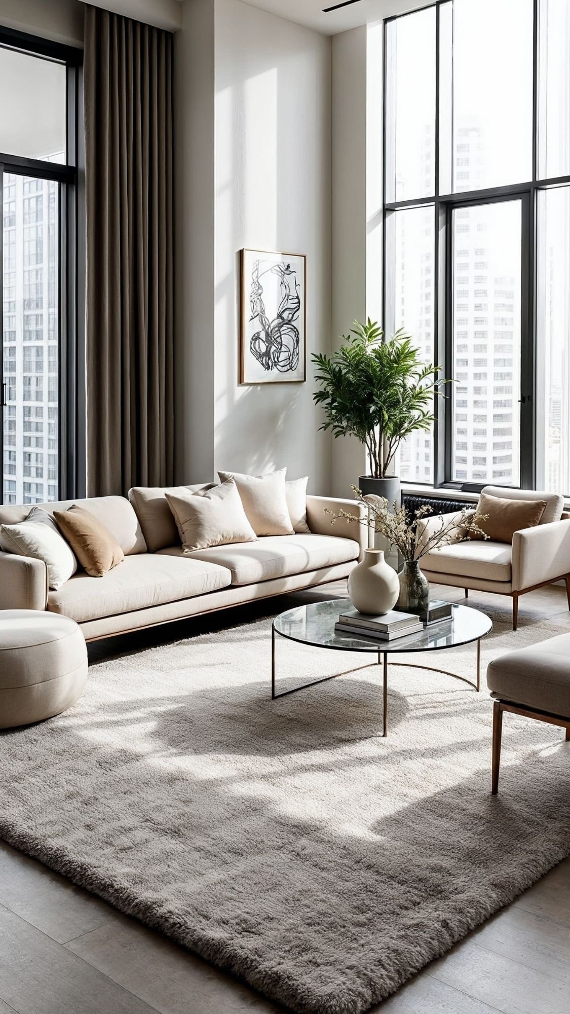 A spacious modern living room with large windows, a beige sectional sofa, armchair, glass coffee table, potted plant, and light-colored rug. Natural light fills the space, offering home decor ideas with minimalist neutral tones.