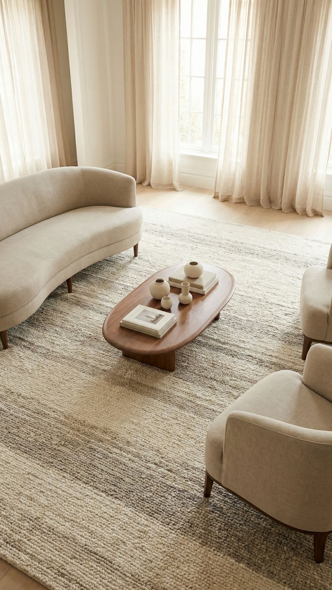 A minimalist living room with cream-colored sofas, a light textured rug, and a wooden coffee table holding books and ceramic vases showcases cozy minimal style, set near large windows with sheer beige curtains.