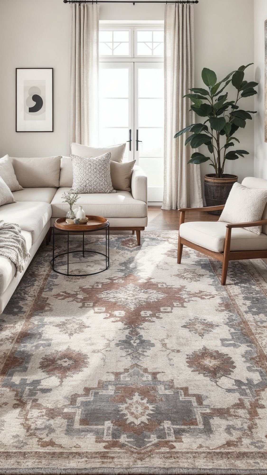 A bright, modern living room with a large patterned rug, a cream sectional sofa, and quiet luxury accents like abstract wall art and a round coffee table—perfect inspiration for home decor ideas that feel both elegant and inviting.