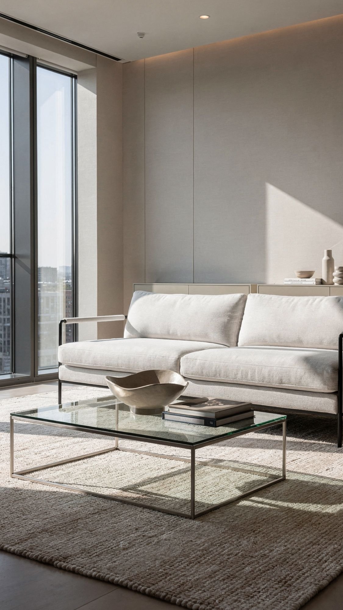 A modern living room with a light beige sofa, glass coffee table, and neutral-toned decor offers spacious appeal—perfect for small apartments. Large windows flood the minimalist space with natural light, inspiring home decor ideas.