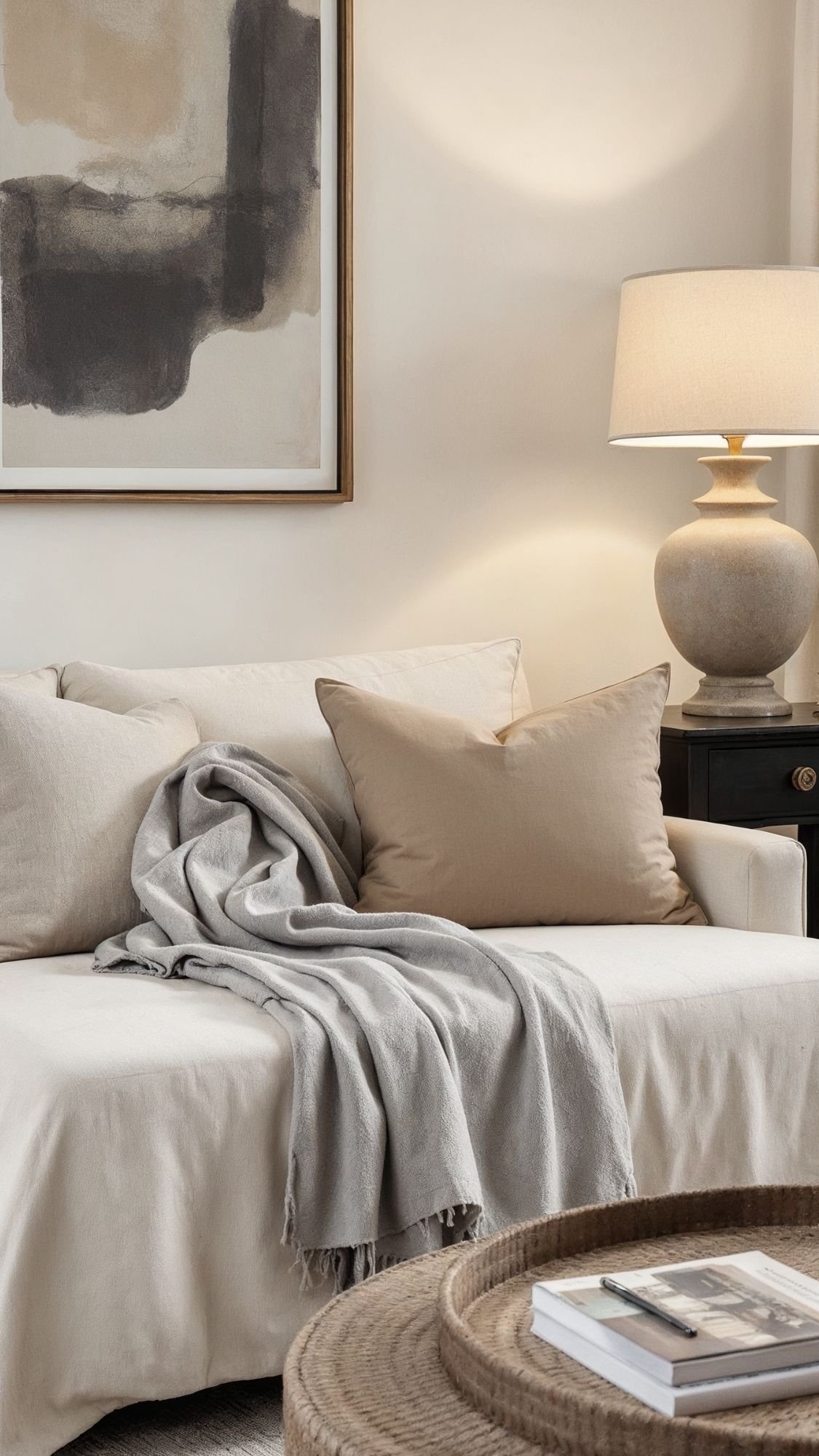 A cozy living room with soft neutrals, featuring a white sofa, beige pillow, and gray throw blanket. A round wicker coffee table with books sits in the foreground. A lamp and abstract art piece complete this inviting winter home setting.