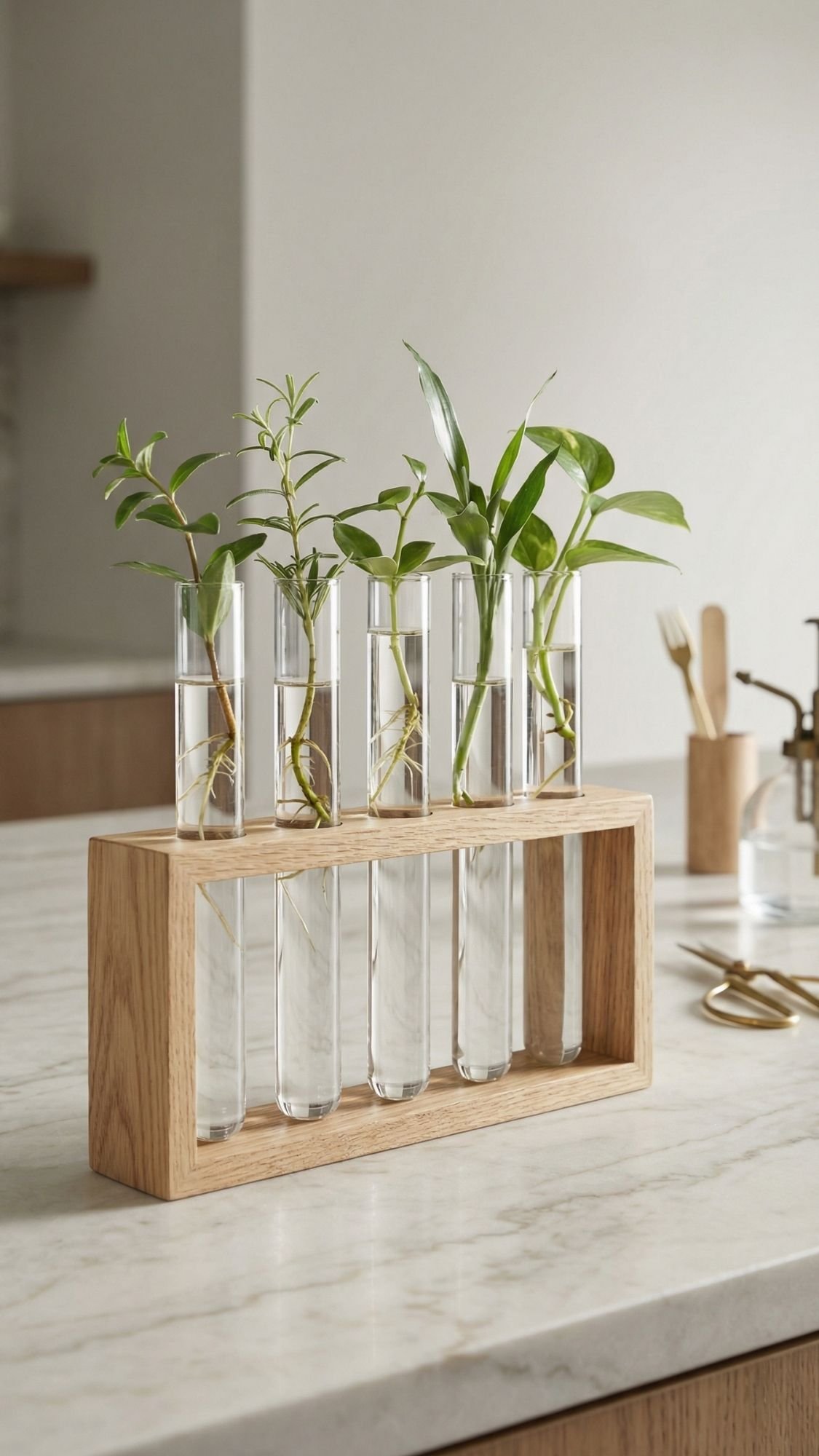Five glass test tubes with green plant cuttings are held upright in a rectangular wooden stand, making fresh and lovely gifts or DIY presents for garden loving moms, placed on a light marble countertop in a modern, minimal kitchen setting.