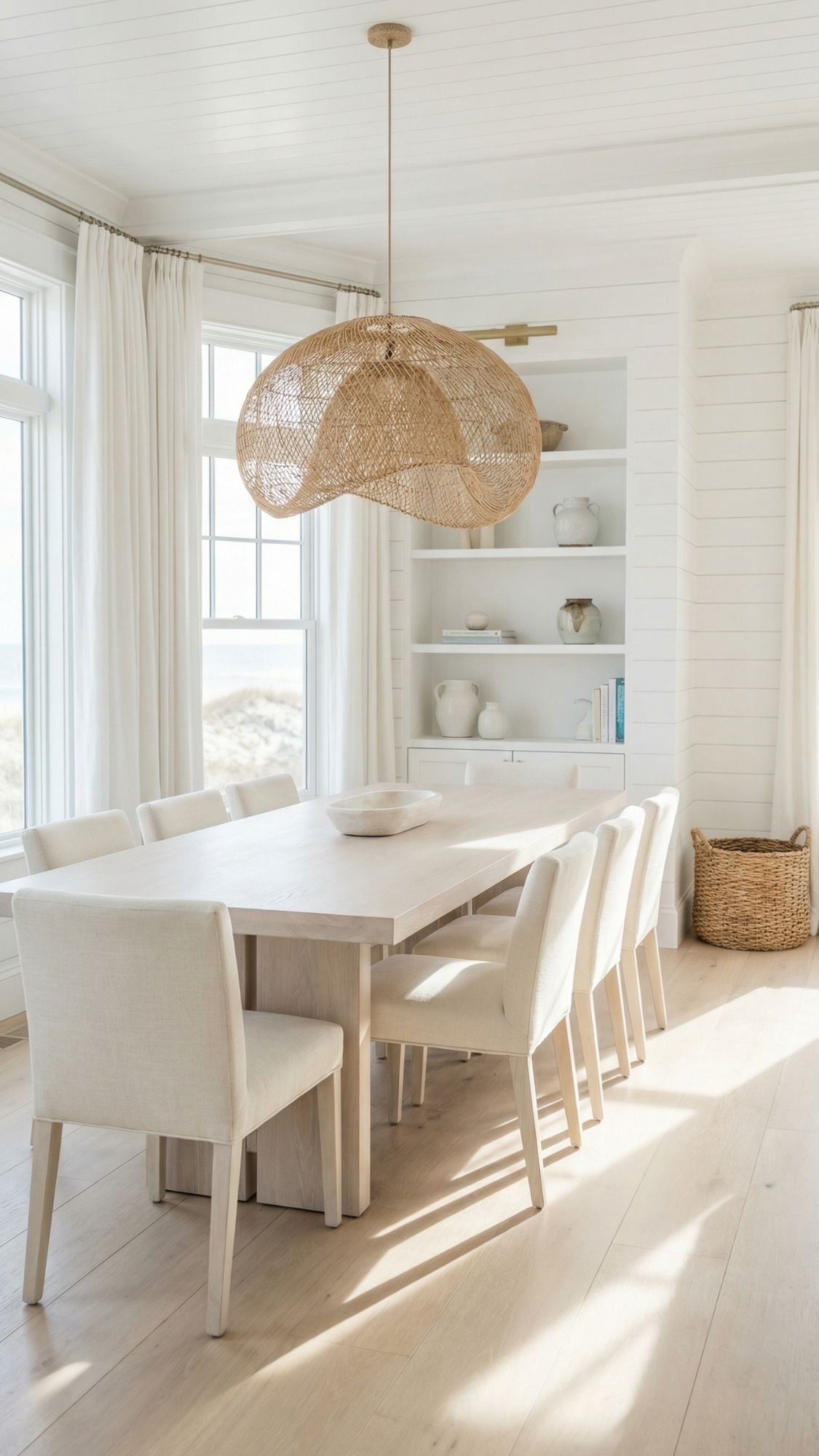 Bright dining room with a light wood table, eight cream-colored chairs, woven pendant light, large windows with white curtains—a perfect spot to refresh your space with spring home decor ideas like ceramics and a woven basket on the floor.