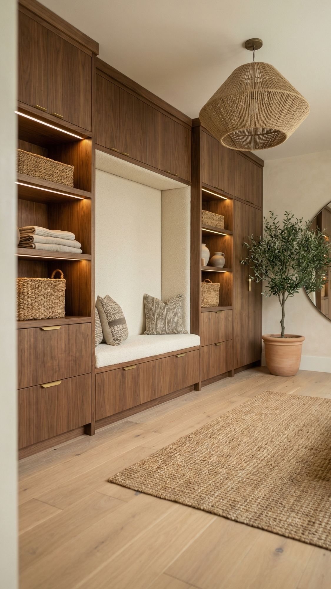 A cozy mudroom with wooden built-in shelves and cabinets, a cushioned bench, woven baskets, a potted plant, a jute rug, and a wicker pendant light in neutral tones—perfect inspiration for welcoming entryways and entryway decor.