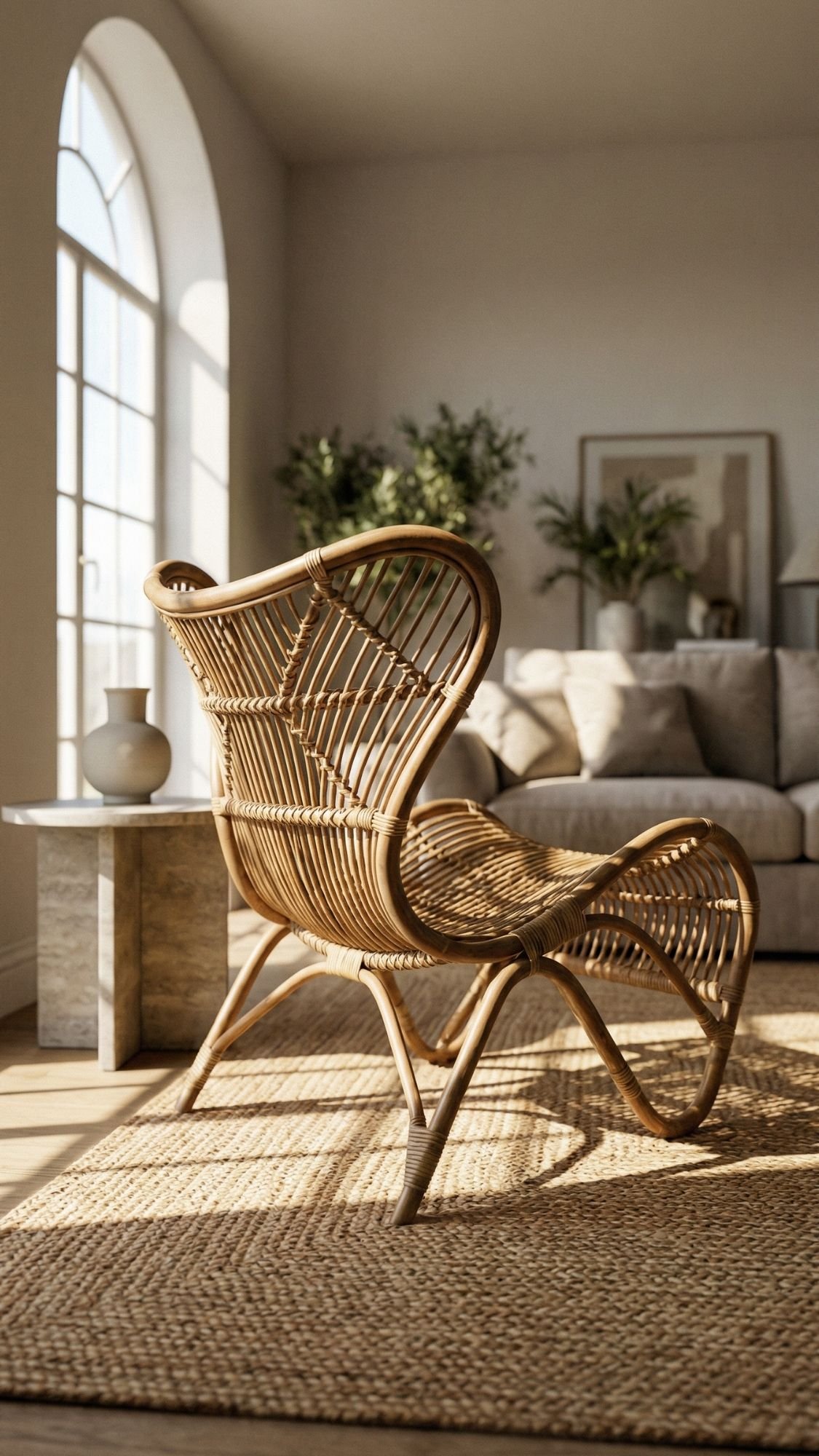 A woven rattan chair sits on a textured rug in a sunlit living room, perfect for easy living on summer mornings, with a large arched window, stone side table and vase, neutral sofa, and green plants in the background.