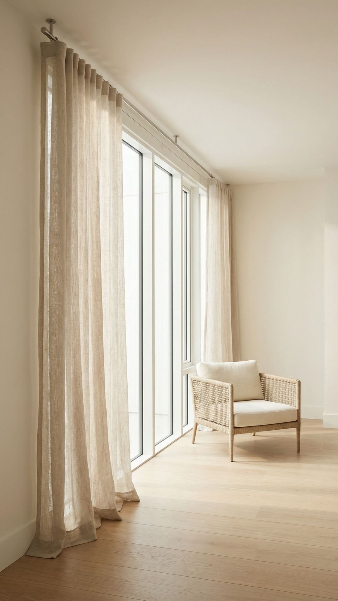 A minimalist room with floor-to-ceiling sheer beige curtains, large glass windows, light wood flooring, and a light-colored cushioned chair with a wooden frame in the corner—perfect for cozy minimal style home decor ideas.