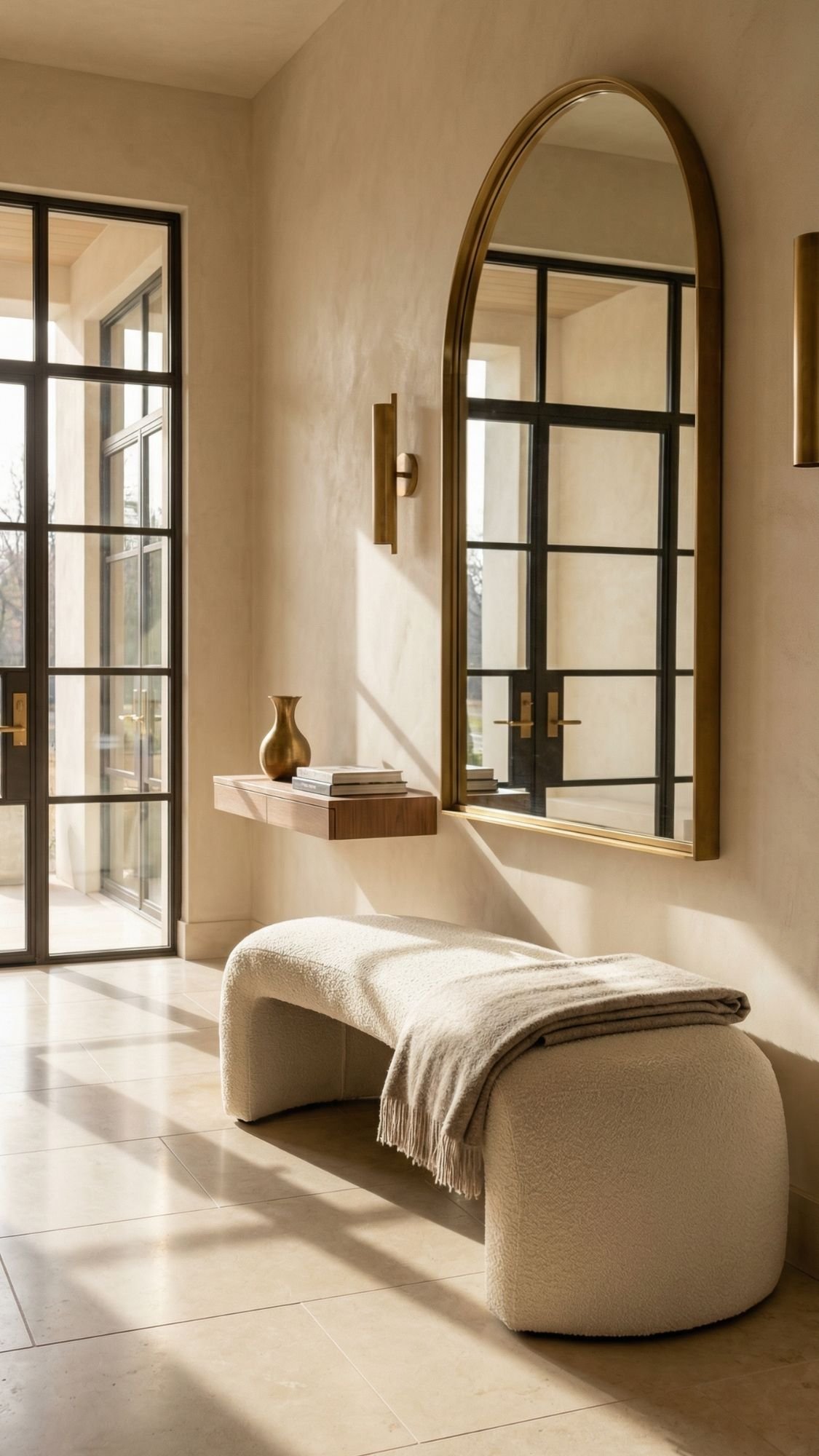 A bright, minimalist entryway with large glass doors, a curved white bench draped with a beige throw, a floating wooden shelf holding a ceramic vase, a large arched mirror, and gold wall sconces—perfect for welcoming entryways.