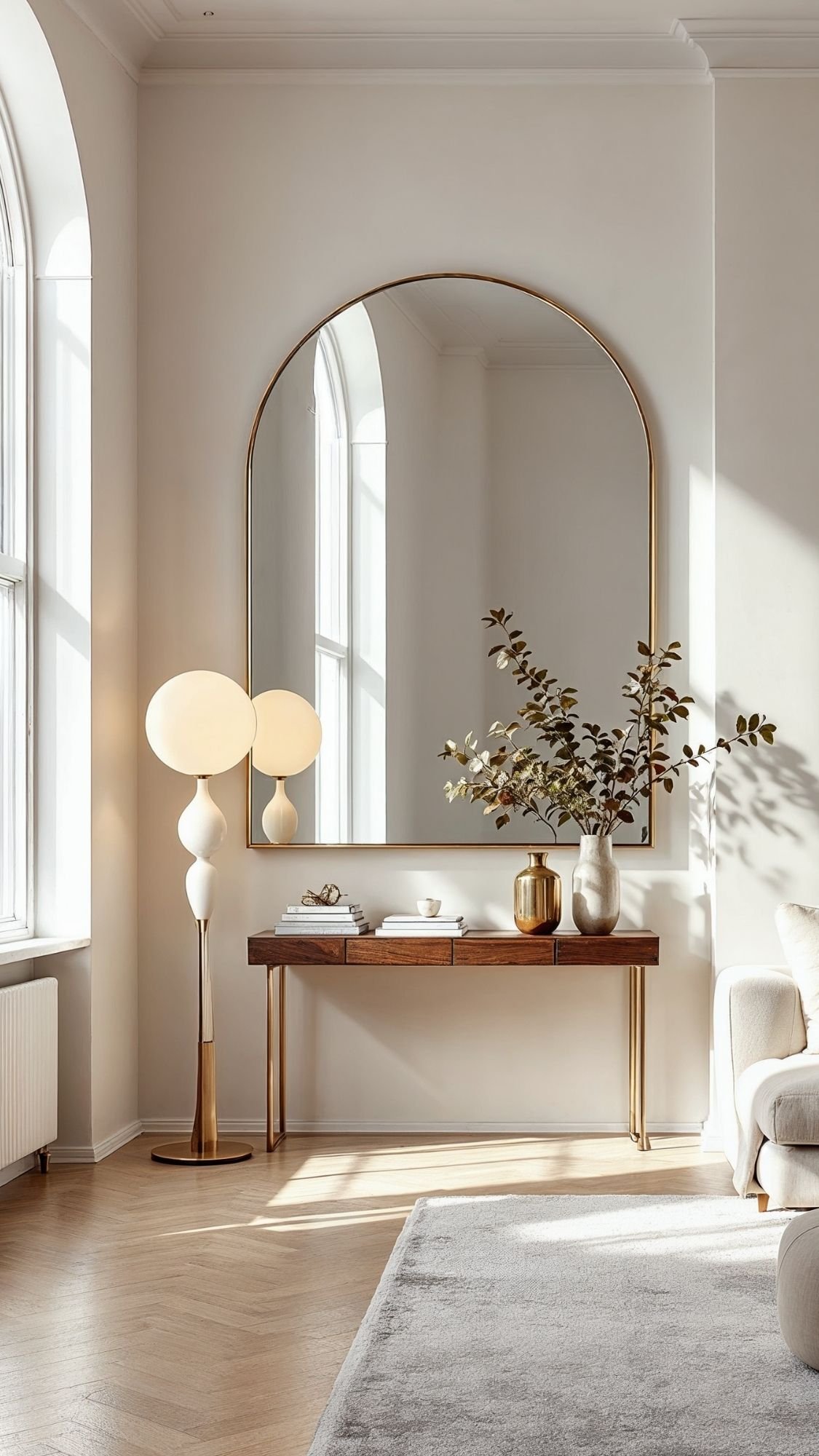 A modern, spacious living room with a large arched mirror above a wooden console table, decorated with a gold vase of greenery, books, and a cup. Perfect for small apartments seeking minimalist home decor ideas.