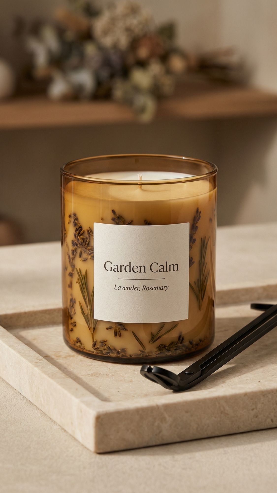 A candle labeled Garden Calm Lavender, Rosemary sits on a marble tray. Its wax contains fresh and lovely sprigs of lavender and rosemary, ideal for garden loving moms or as charming DIY presents. A black wick trimmer rests beside it amid a softly blurred background.