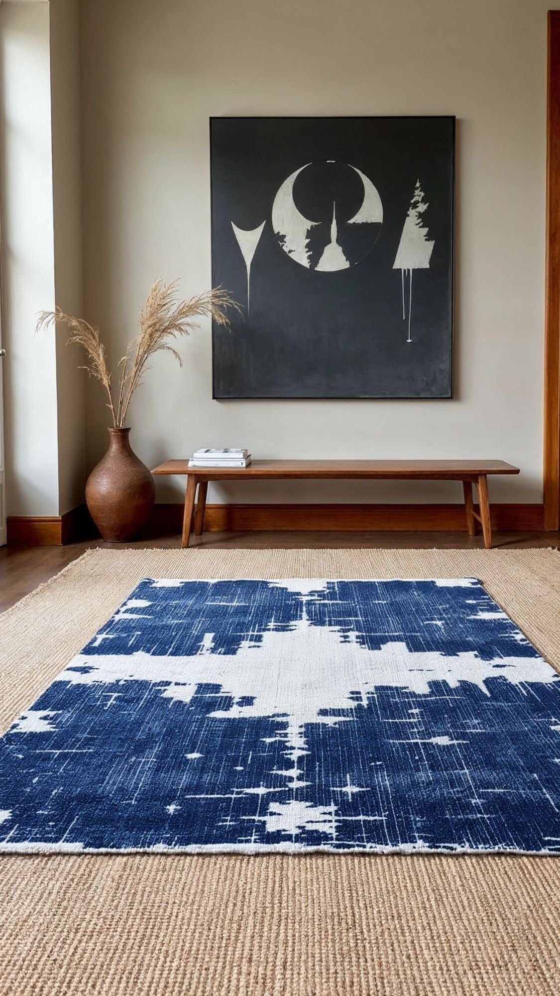 A modern living room showcasing quiet luxury with a blue and white patterned rug over a natural woven mat, a wooden bench, a tall brown vase with dried grass, and abstract black and white artwork hanging above the bench.
