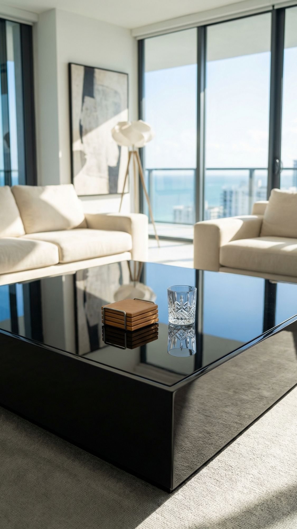 A modern living room with beige sofas and effortless coffee table styling—a black glossy table with a glass of water and coasters—offers great home decor ideas, featuring large windows framing a city skyline and water view.