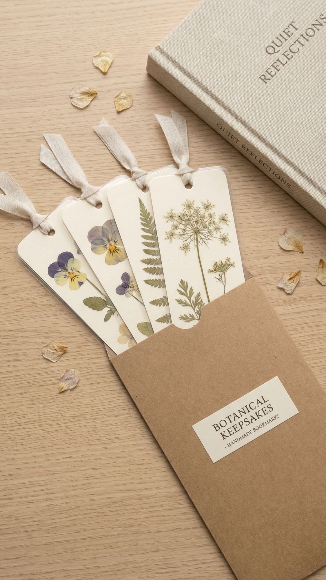 Four botanical bookmarks with pressed flowers and leaves partially slide out of a brown envelope labeled Botanical Keepsakes, perfect for DIY presents or gifts for mom. A beige book titled Quiet Reflections and scattered dried petals lie nearby on a light wooden surface.