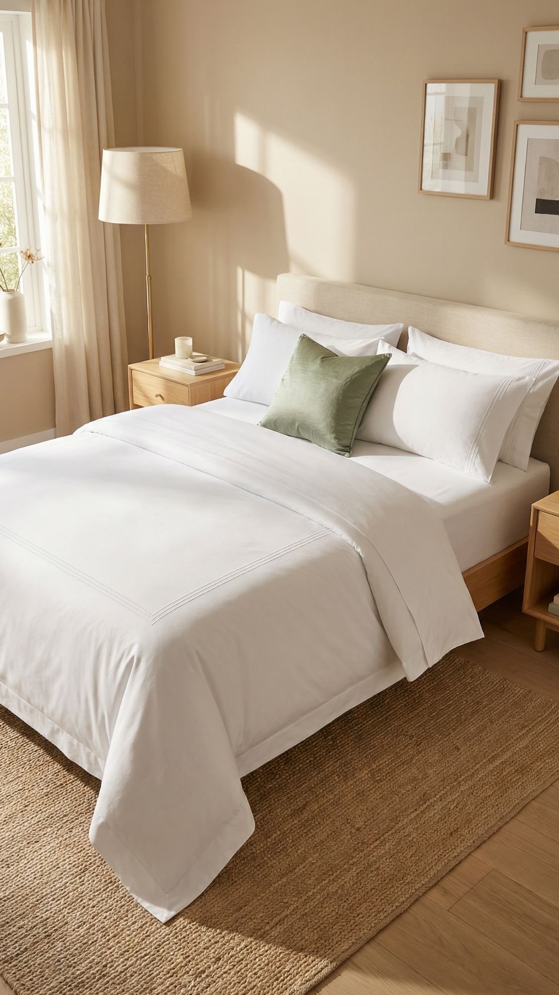 A neatly made bed with white bedding and a green accent pillow brightens this cozy, sunlit bedroom—perfect for easy living—with beige walls, framed art, a lamp, wooden nightstands, and a woven rug completing the home decor ideas.
