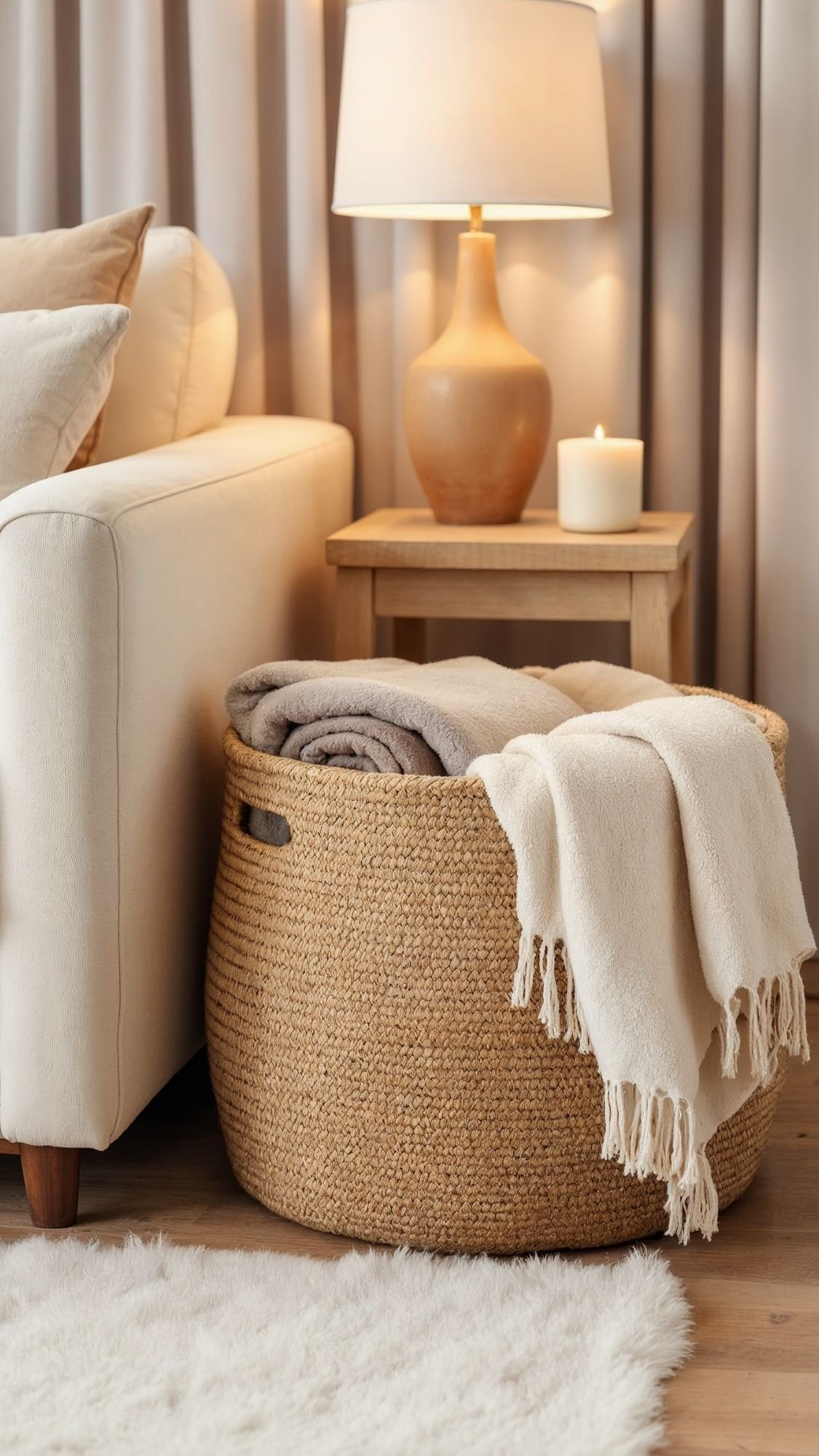 A cozy living room corner featuring soft neutrals, with a woven basket of blankets beside a beige sofa and wooden side table topped with a ceramic lamp and lit candle—perfect winter home decor ideas. A plush white rug completes the inviting look.