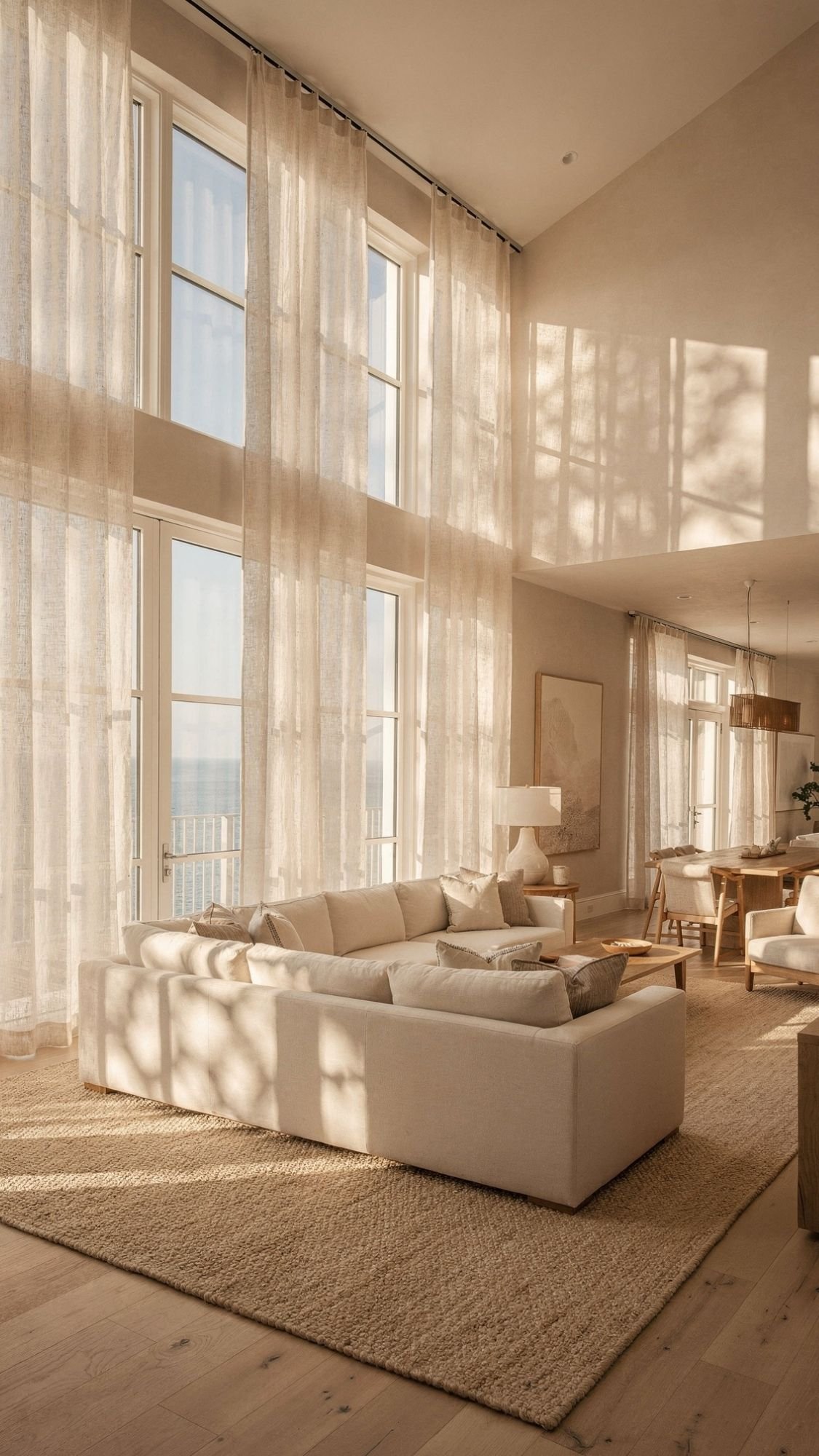 A spacious living room with tall windows, sheer beige curtains, and soft natural light features a large cream sectional sofa, a textured rug, and minimalistic decor—perfect Spring home decor ideas to refresh your space with a warm, airy atmosphere.