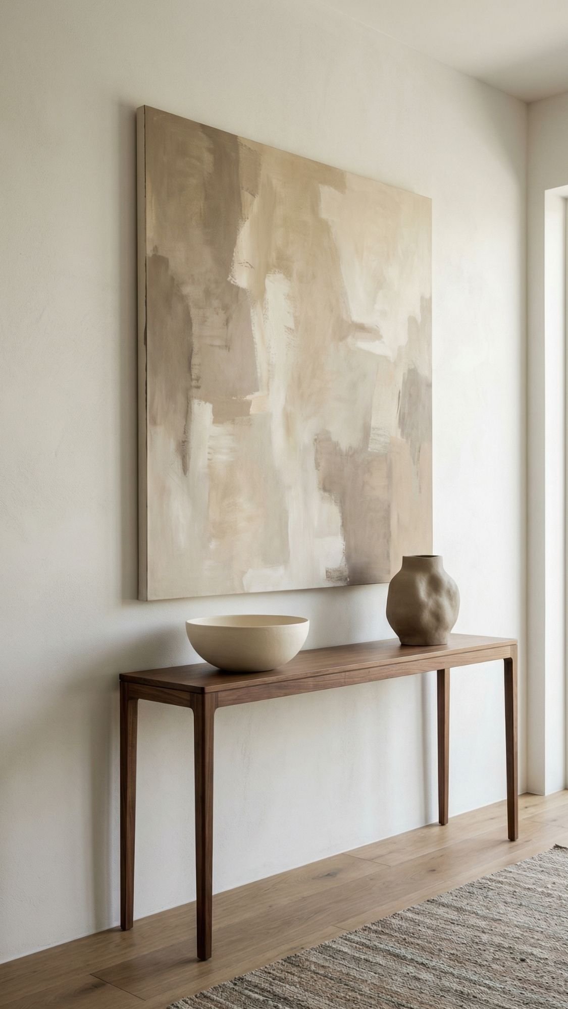 A minimalist entryway with a wooden console table, round bowl, textured vase, and a large abstract beige painting above. Embracing minimal home decor, natural light enhances the cozy minimal style and neutral tones.