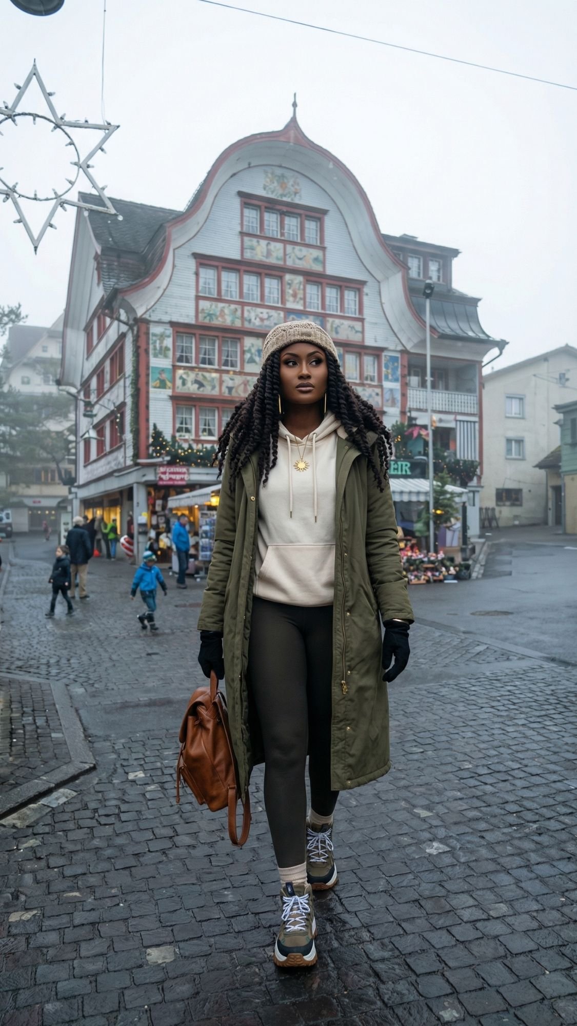 A woman in a long coat, leggings, and boots walks on a cobblestone street in front of a traditional Swiss building on a foggy winter day, carrying a brown backpack and wearing a winter hat and gloves—straight out of Switzerland’s fairytale villages.