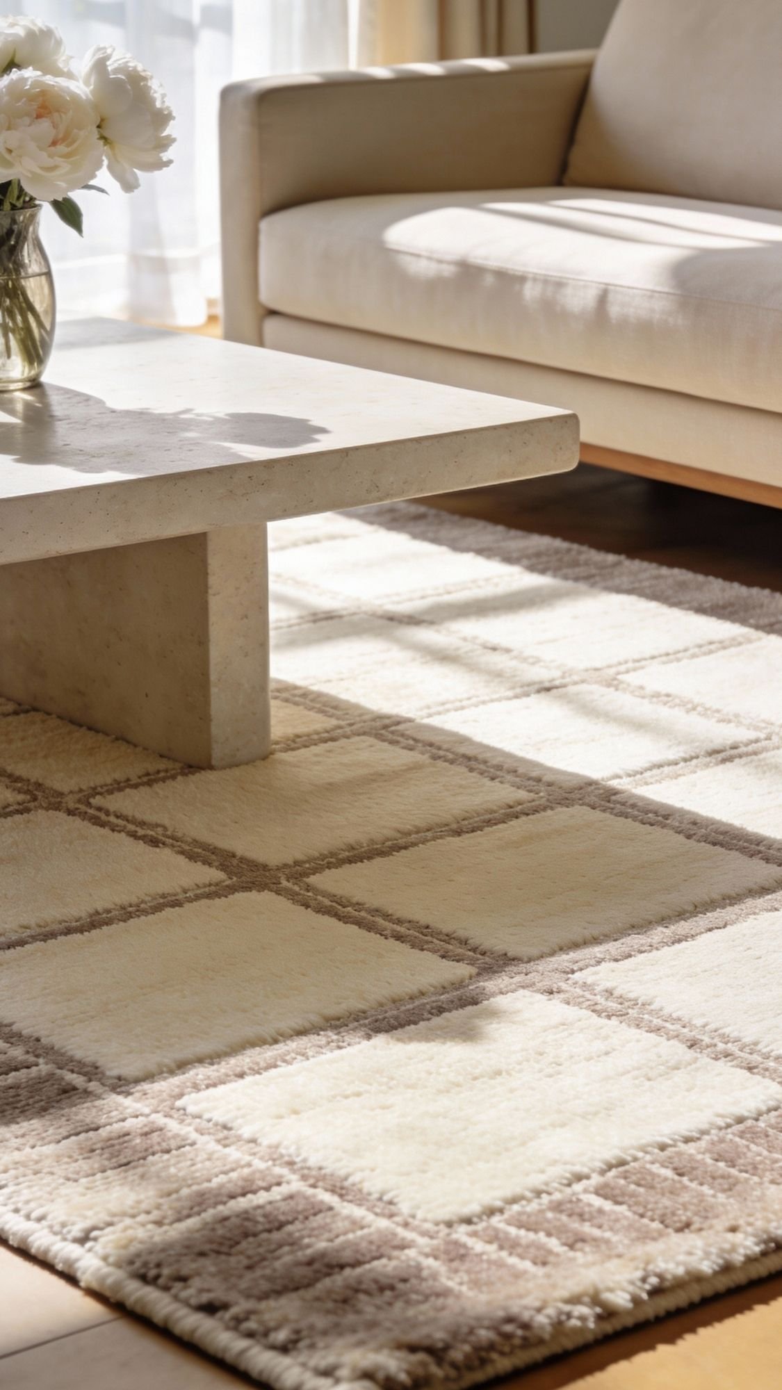 A modern living room with a cream sofa, marble coffee table, and white flowers on a beige checkered rug, bathed in natural sunlight—perfect for easy living and inviting summer mornings in stylish home decor.