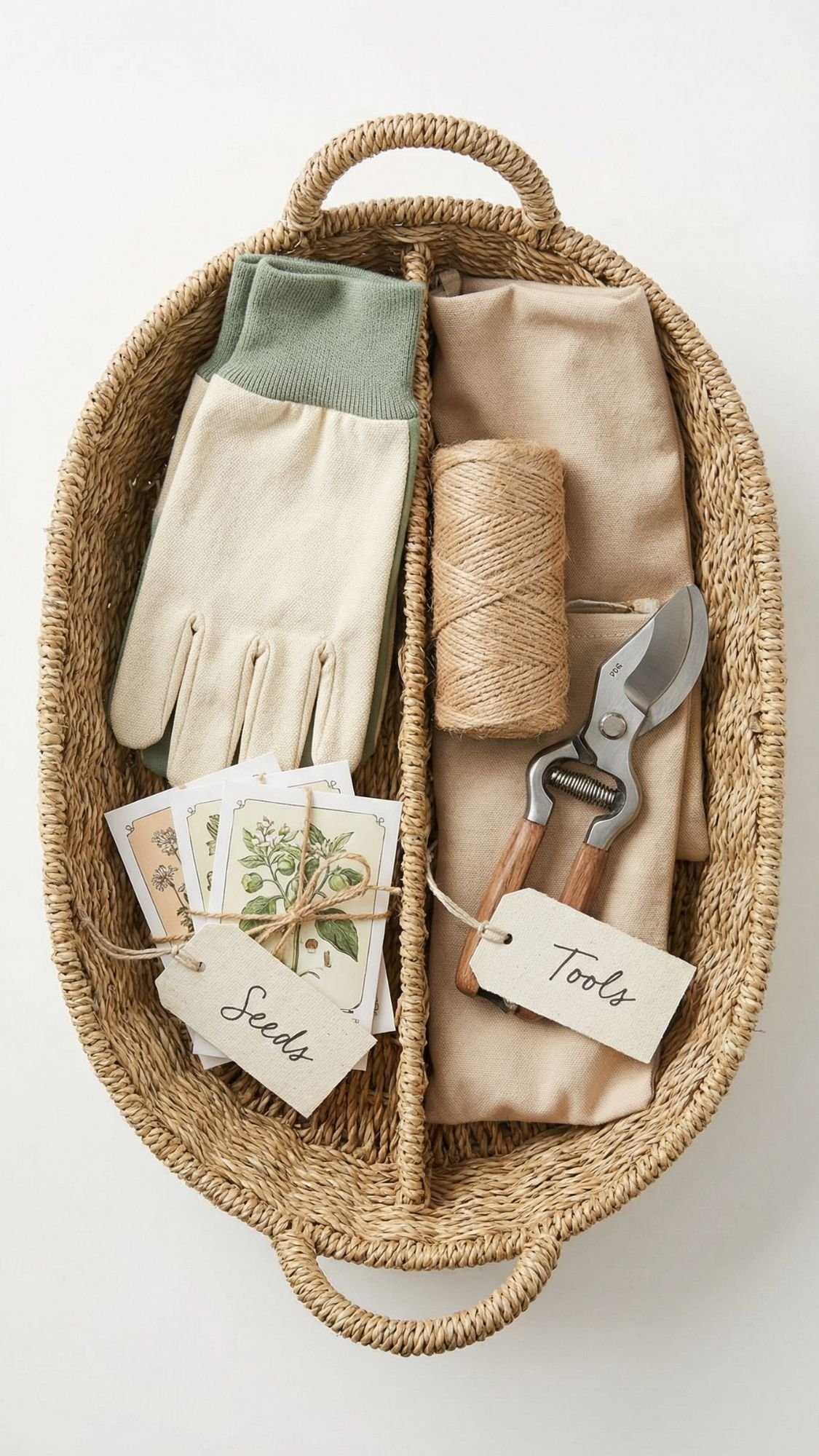 A woven basket contains gardening gloves, fresh and lovely seed packets, twine, a folded apron, and pruning shears labeled Tools—perfect DIY presents for garden loving moms, all neatly arranged on a white background.