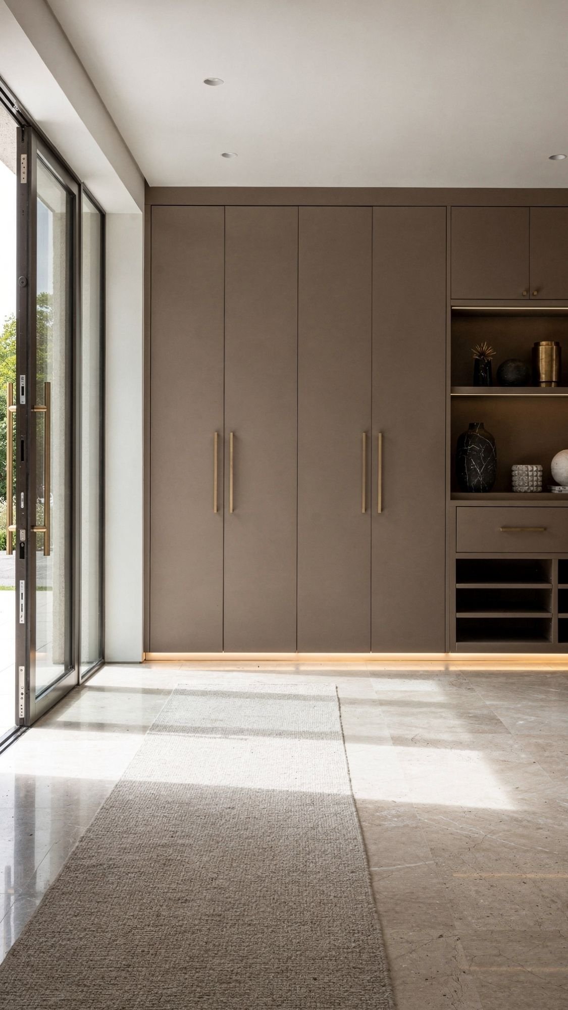 A modern, minimalistic room with large brown built-in cabinets, brass handles, and open shelves displaying entryway decor—perfect inspiration for welcoming entryways. Sunlight streams in onto a light gray rug through floor-to-ceiling glass doors.