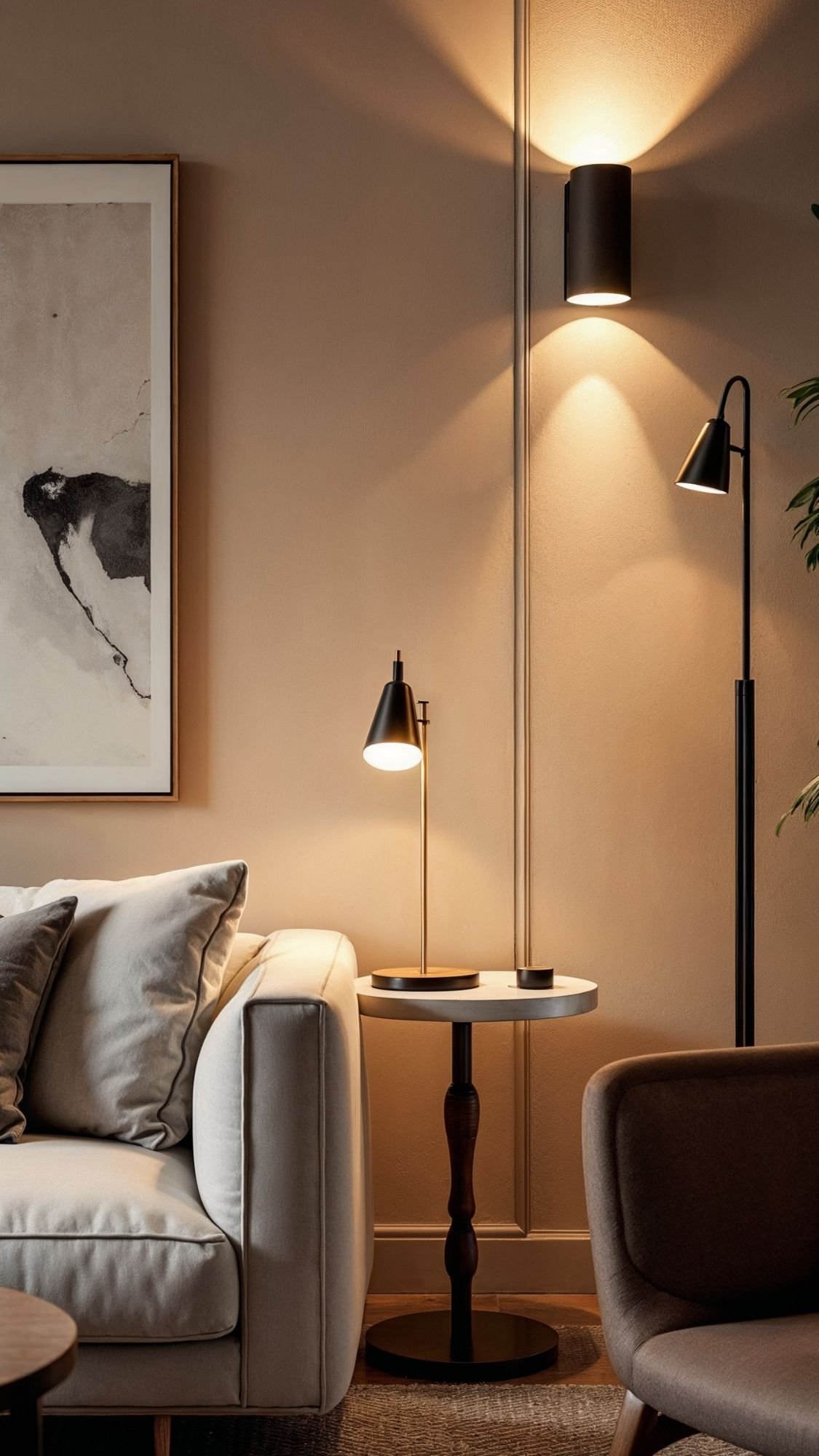 A cozy living room corner showcases quiet luxury with a light gray sofa and cushions, a round side table with a modern lamp, framed abstract artwork, and warm wall lighting—perfect for inspiring your home decor ideas.