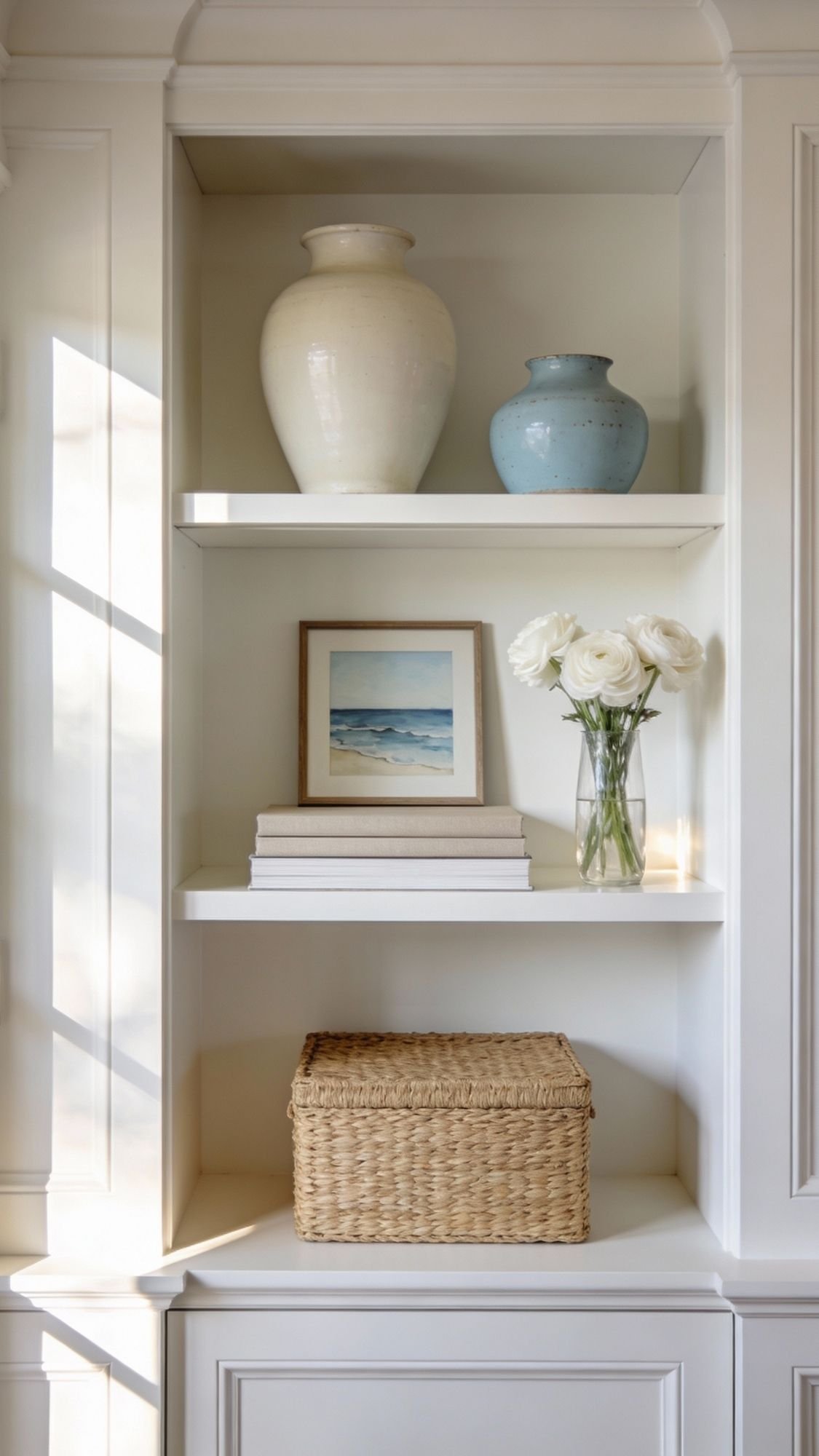 A built-in white shelving unit displays two ceramic vases, a coastal painting, stacked books, a glass vase of white flowers, and a woven basket on the lower shelf—perfect home decor ideas to refresh your space as sunlight casts soft shadows across the scene.