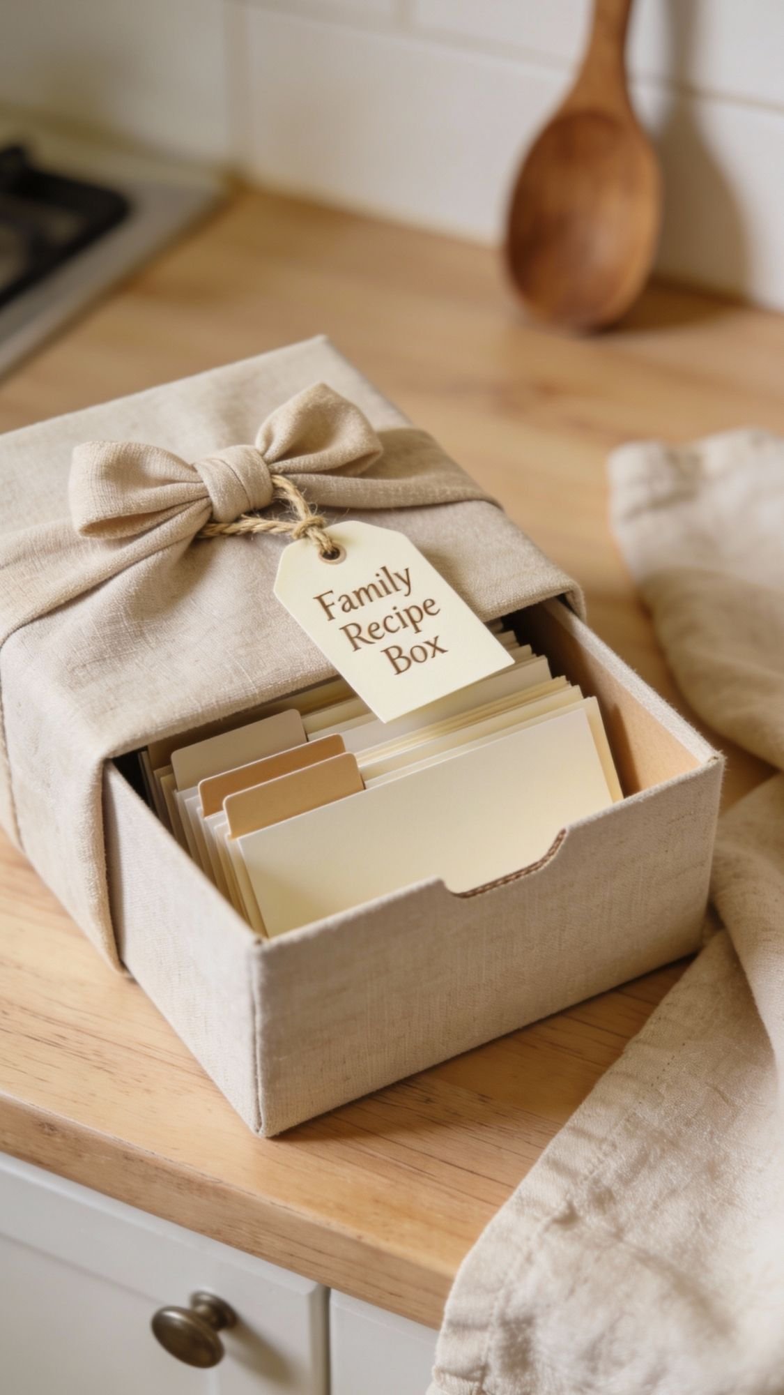 A beige fabric-covered box labeled Family Recipe Box sits open on a wooden counter, revealing organized recipe cards inside—perfect as DIY presents or thoughtful gifts for mom, complete with a wooden spoon and neutral aesthetic packaging.