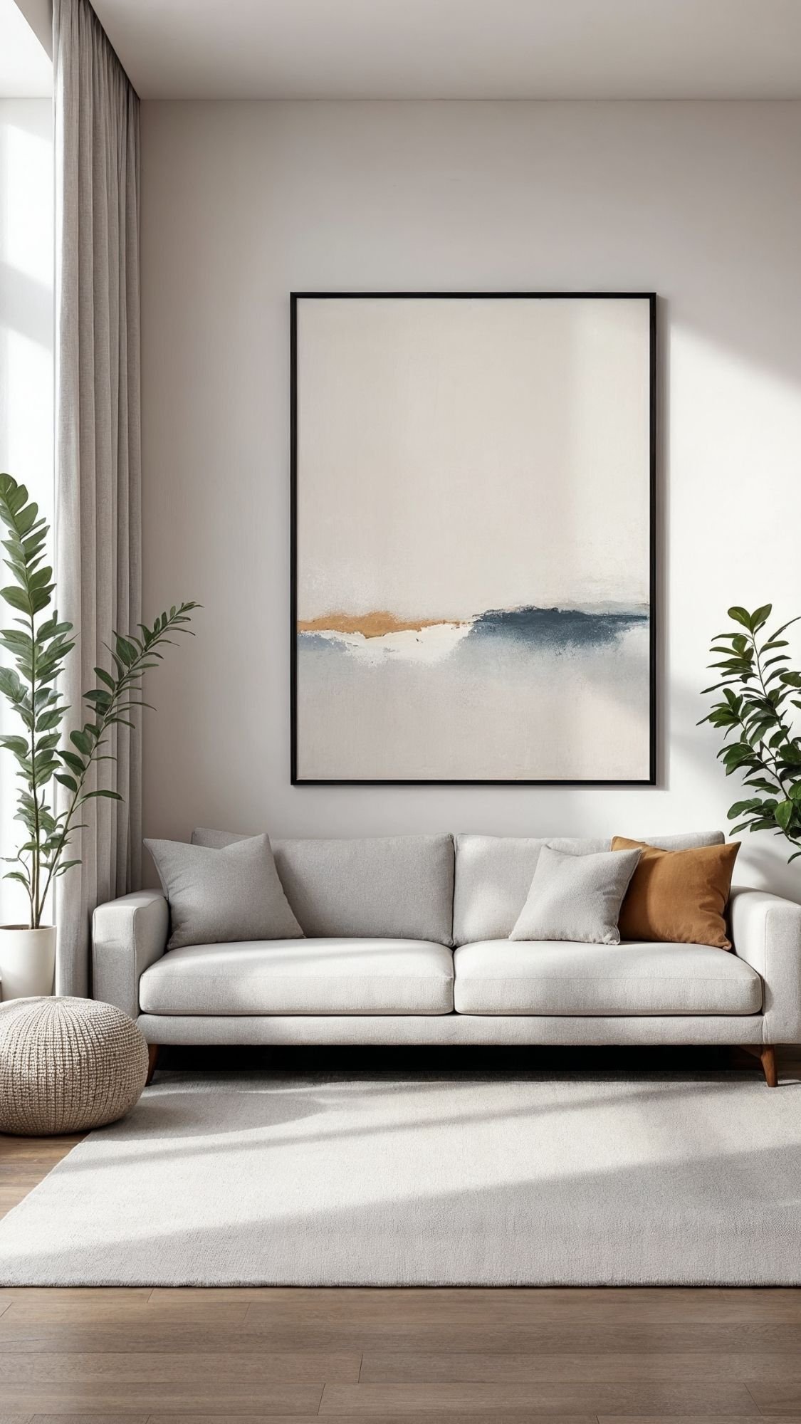 A modern, spacious living room with a light gray sofa, neutral pillows, two tall green plants, a round pouf, and a large abstract painting above the sofa—perfect inspiration for small apartments and fresh home decor ideas. Sunlight streams through tall curtains.