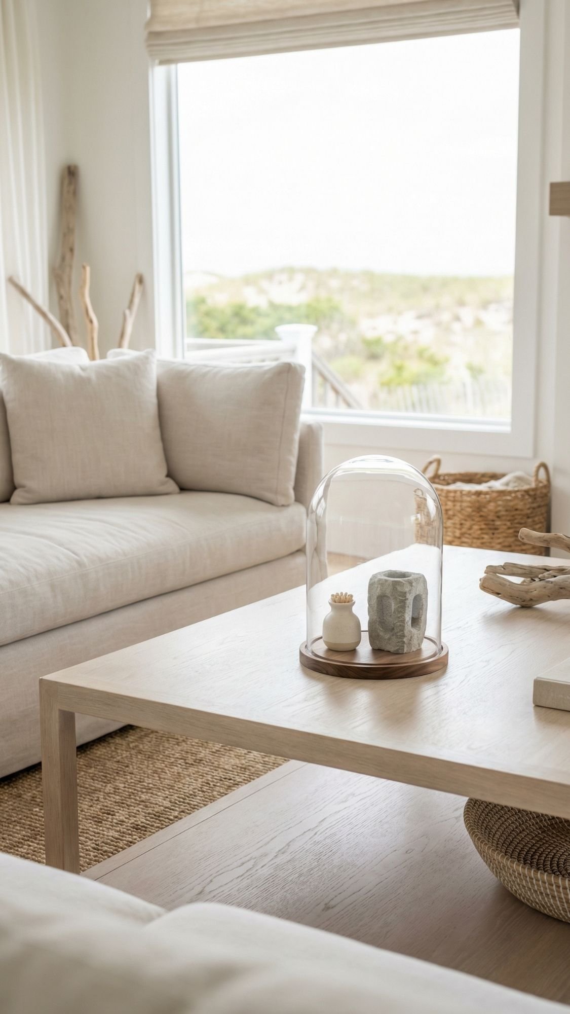 A light-filled living room with beige sofas, a large window, and a wooden coffee table showcasing effortless styling under a glass cloche. Natural textures and neutral tones create a cozy, minimalist atmosphere.