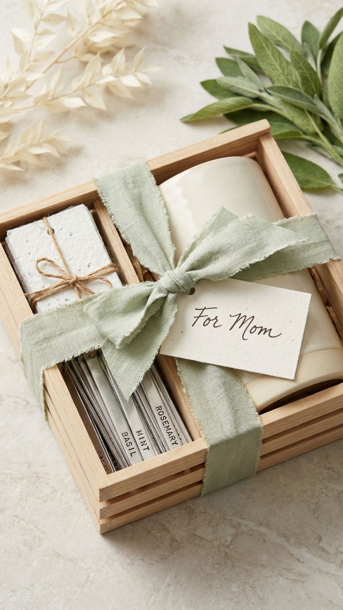 A wooden gift box with garden markers, soap, and seed packets—perfect gardening gifts—tied with a green ribbon and a “For Mom” tag. Green leaves and dried flowers rest beside the box on a light surface.