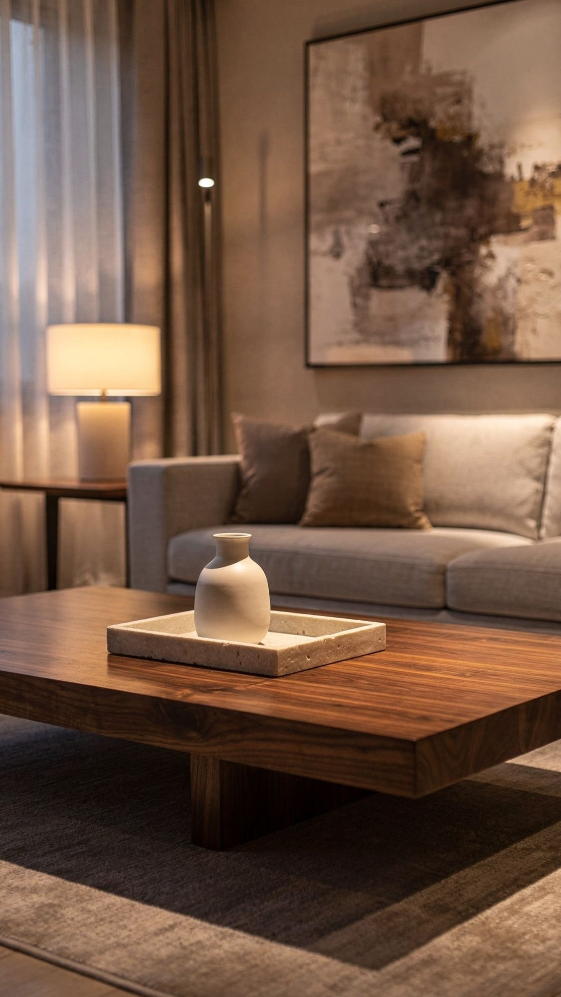 A modern living room inspired by quiet luxury features a wooden coffee table with a white vase, a beige sofa with cushions, a side table with a lit lamp, sheer curtains, and abstract wall art in warm, neutral tones.