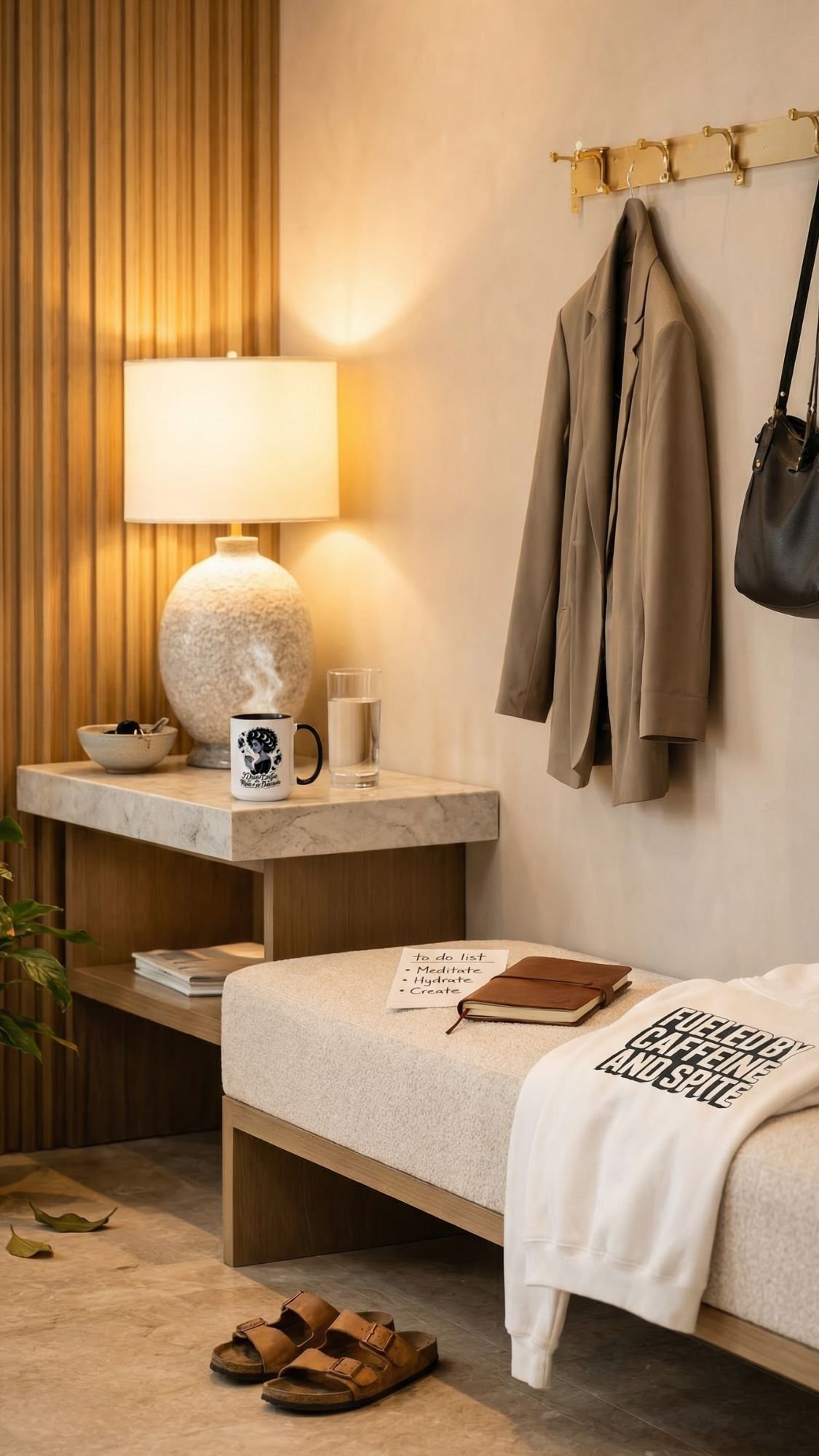 A cozy entryway designed for morning rituals, featuring a beige bench, sandals, and a white sweatshirt. Above, a tan blazer and black purse hang on hooks. A marble shelf holds essentials—a lamp, mug for the coffee lover, glass of water, and bowl.