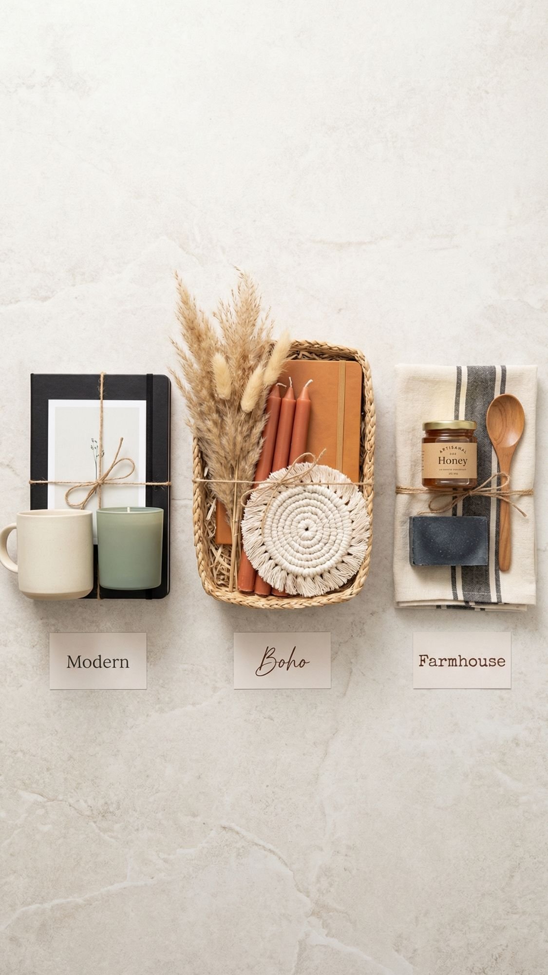 Three styled gift sets on a light surface: gift ideas include a Modern set with mugs and notebooks, a Boho set with dried grasses and woven coaster, and a Farmhouse set—perfect for garden moms—with towel, honey jar, and wooden spoon.