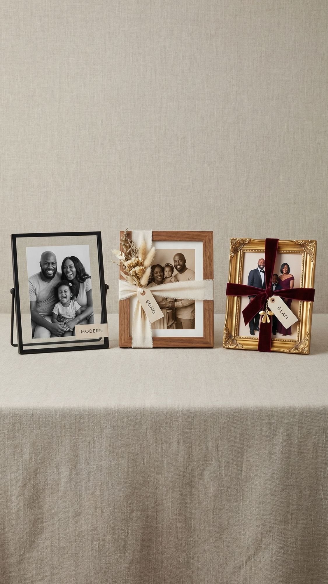 Three framed family photos on a beige tablecloth: a modern black frame, a wood frame with dried flowers and ribbon, and an ornate gold frame with dark red ribbon—each labeled as heartfelt photo gifts.