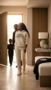 A smiling woman in light-colored casual clothes walks into a sunlit home, followed by a man and a child. Perfect for ADHD moms, her sweatshirt reads “Chaos Coordinator.” The modern hallway features decor and abundant natural light.