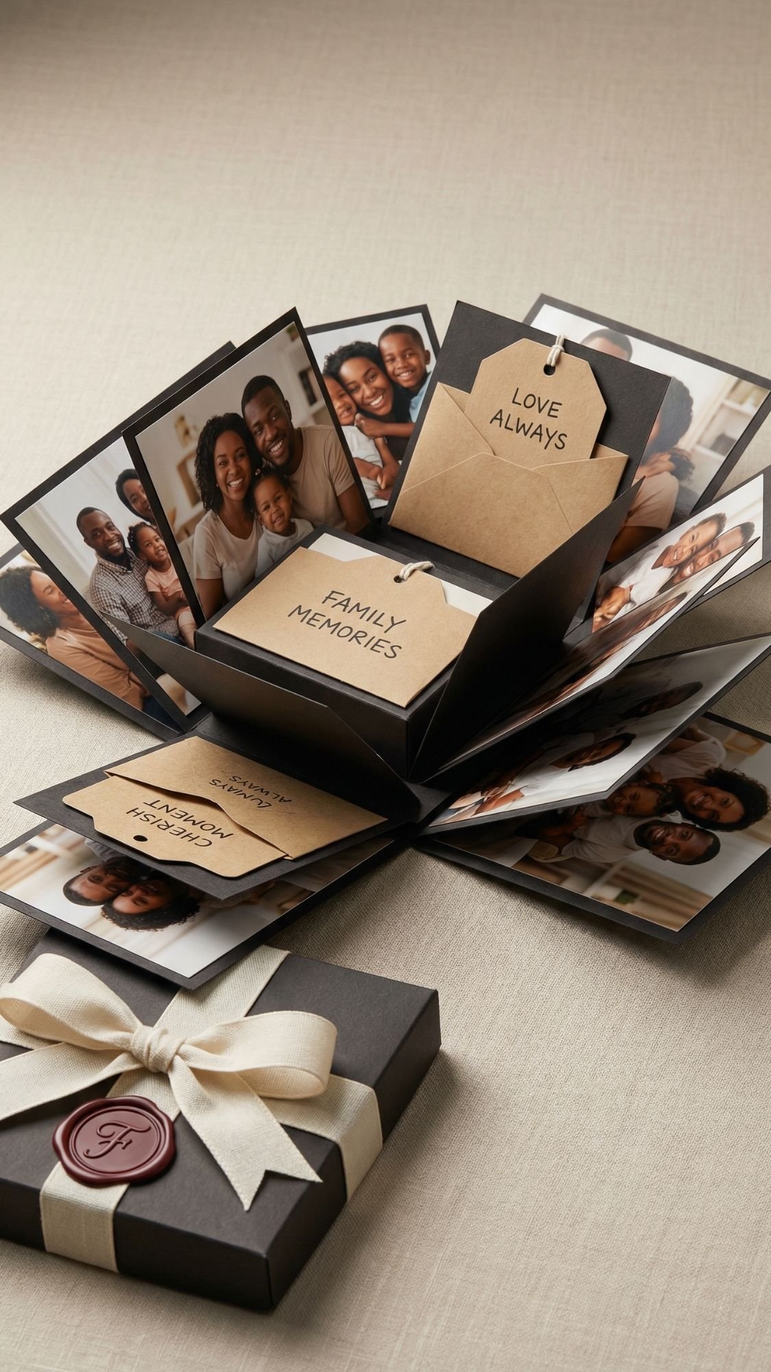 An open, black photo album memory filled with family photos and handwritten notes labeled “FAMILY MEMORIES” and “LOVE ALWAYS” sits on a table beside a closed, ribbon-wrapped gift box with a wax seal.