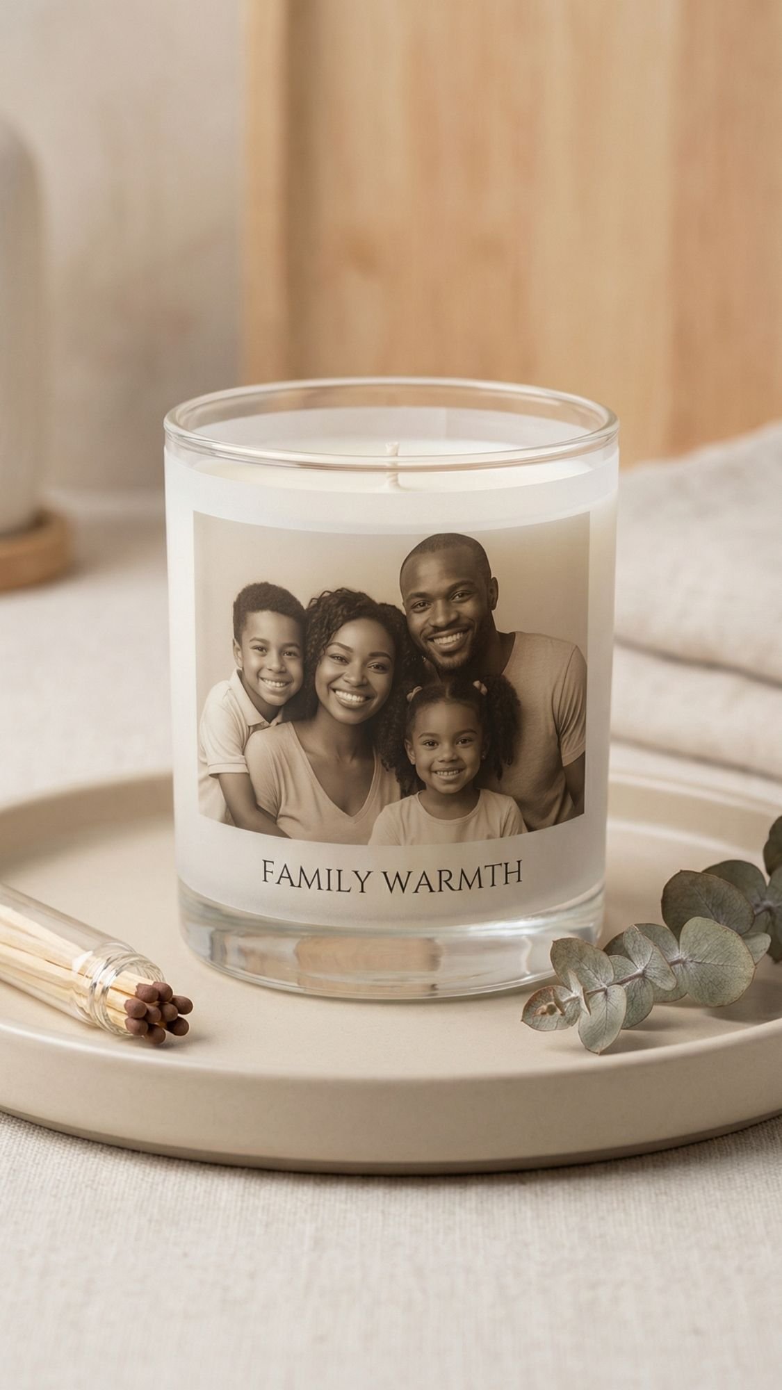 A heartfelt glass candle labeled Family Warmth, featuring a black-and-white photo of a smiling family of four, sits on a beige plate with matches and eucalyptus leaves nearby—perfect for memory-filled DIY presents.