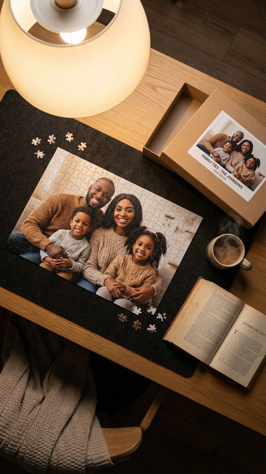 A completed jigsaw puzzle of a smiling family of four sits on a desk beside a lamp, coffee cup, open book, and puzzle box with the same photo—a perfect example of memory filled gifts. A few puzzle pieces are scattered nearby.