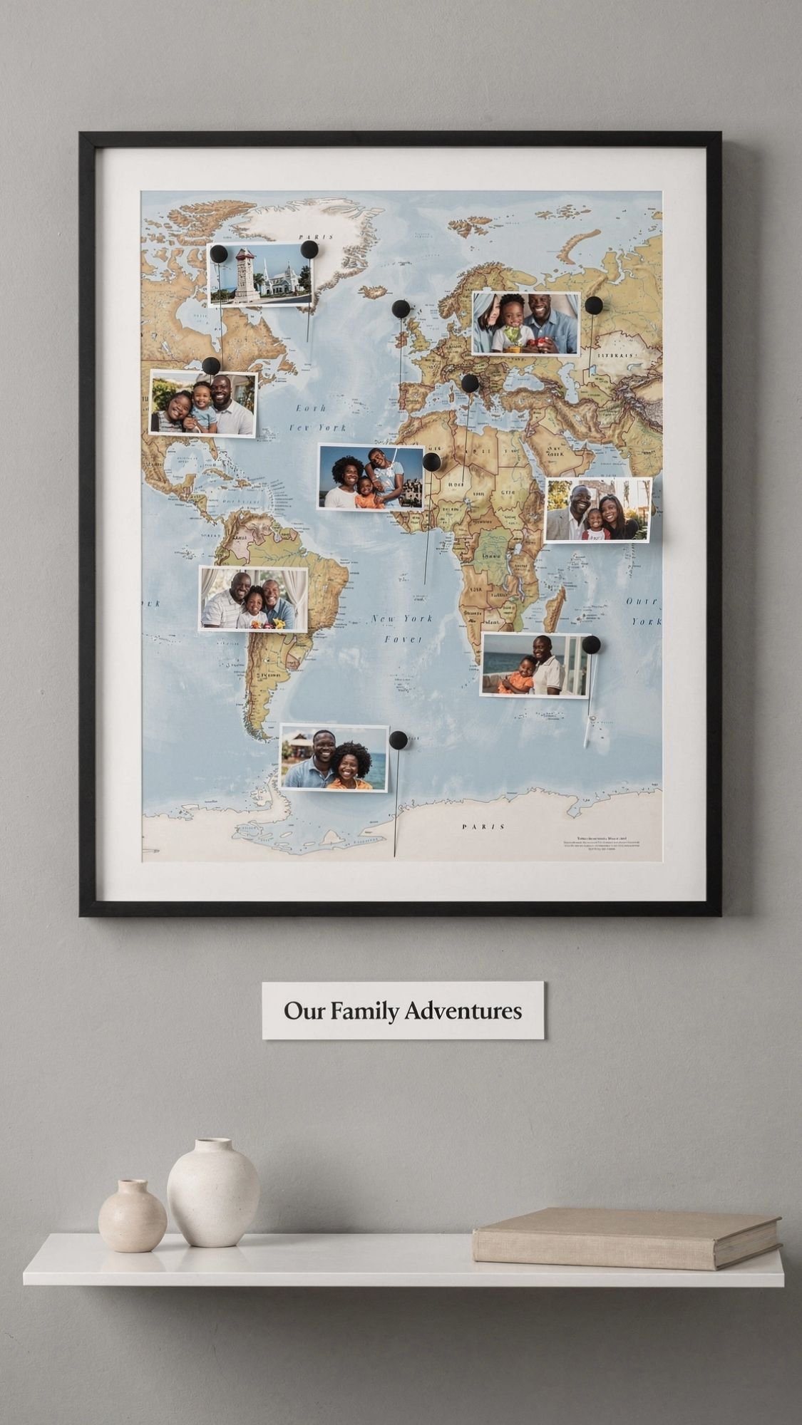 A framed world map on a gray wall is decorated with heartfelt family photos pinned to various countries. Below the map, a sign reads Our Family Adventures. A white shelf with small vases sits underneath.