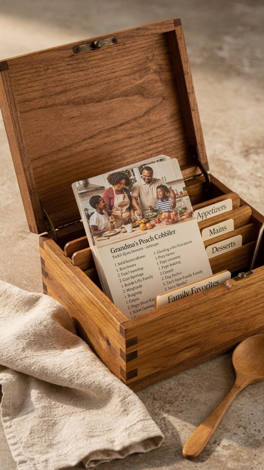 An open wooden recipe box—perfect for heartfelt, memory filled DIY presents—displays dividers for “Appetizers,” “Mains,” “Desserts,” and “Family Favorites.” A family cooks together on a recipe card, with a wooden spoon and cloth napkin nearby.