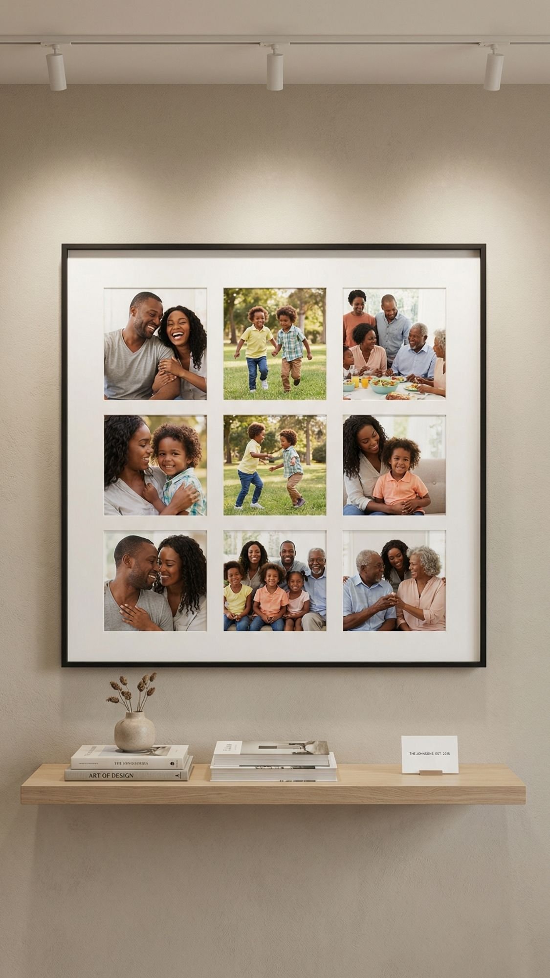 A large black-framed collage of eight family photos hangs on a beige wall above a wooden shelf with books, a small vase, and a nameplate. This cherished display captures joyful moments, making it one of the most heartfelt gifts for any home.