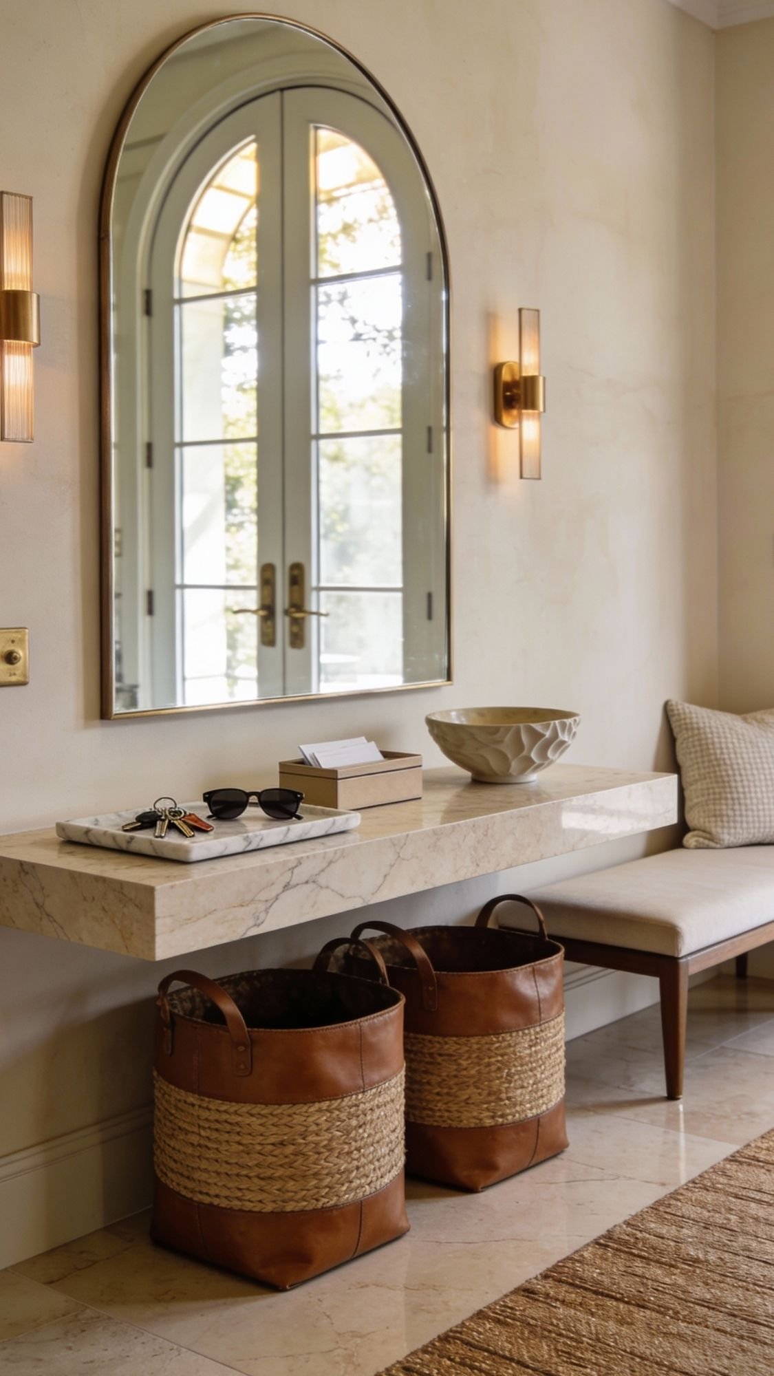 Welcome guests with a stylish entryway, featuring a marble console table, decor items, and a large arched mirror. Twin wall sconces, a bench with pillows, and two woven leather baskets complete this inspiring home decor idea.