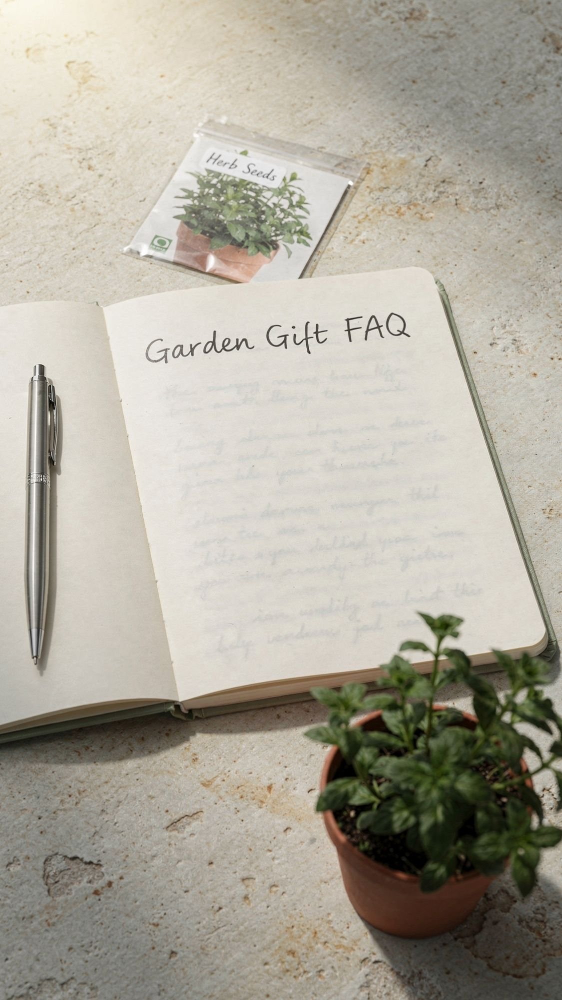 An open notebook titled Garden Gift FAQ with a pen, a small potted plant, and a packet of herb seeds on a sunlit stone surface—perfect inspiration for garden gifts and thoughtful handmade gifts.