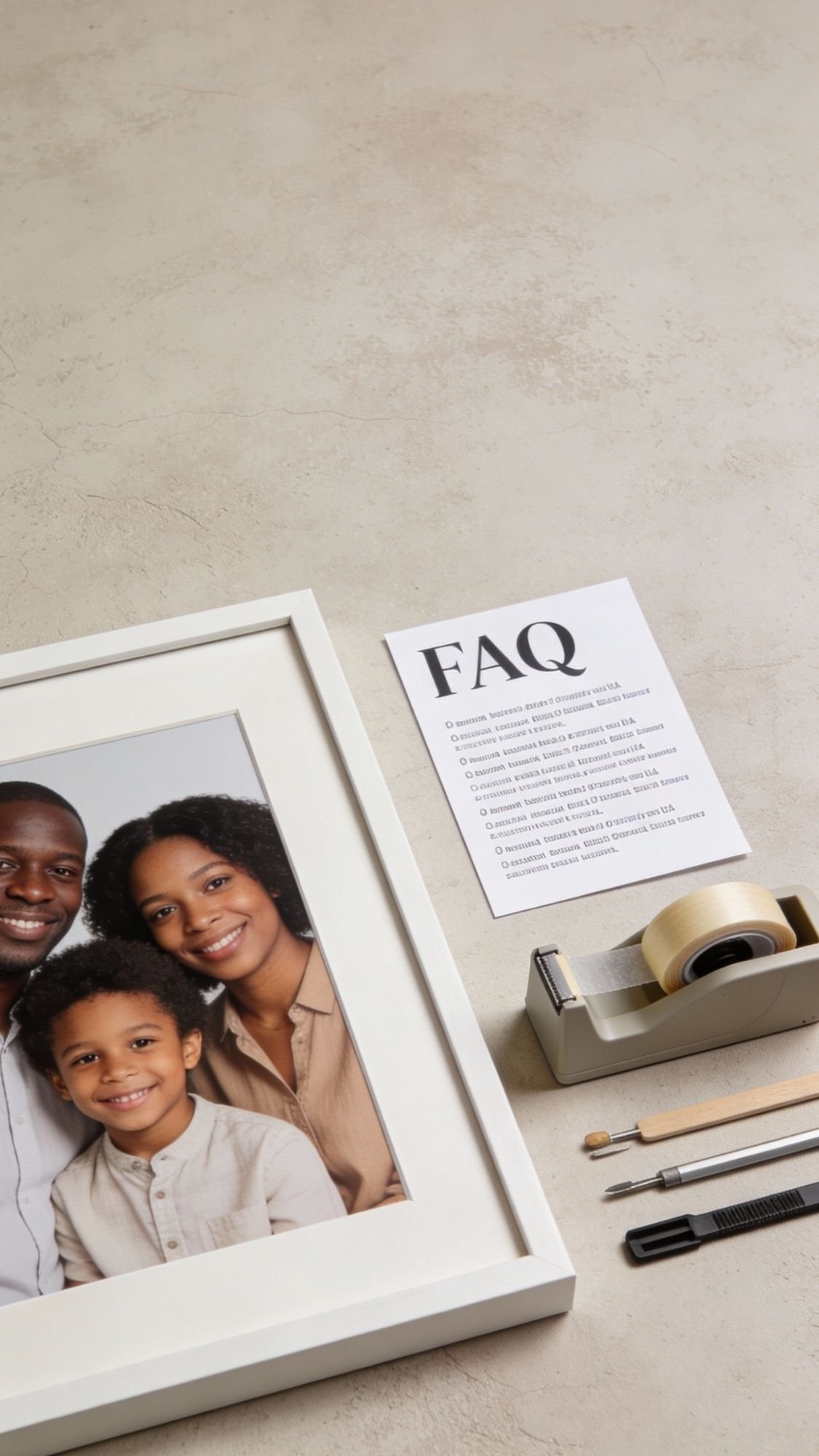 A framed photo of a smiling family sits on a beige surface next to a FAQ sheet, tape dispenser, utility knife, screwdriver, and pencil—ready to create heartfelt gifts or memory filled gifts for loved ones.
