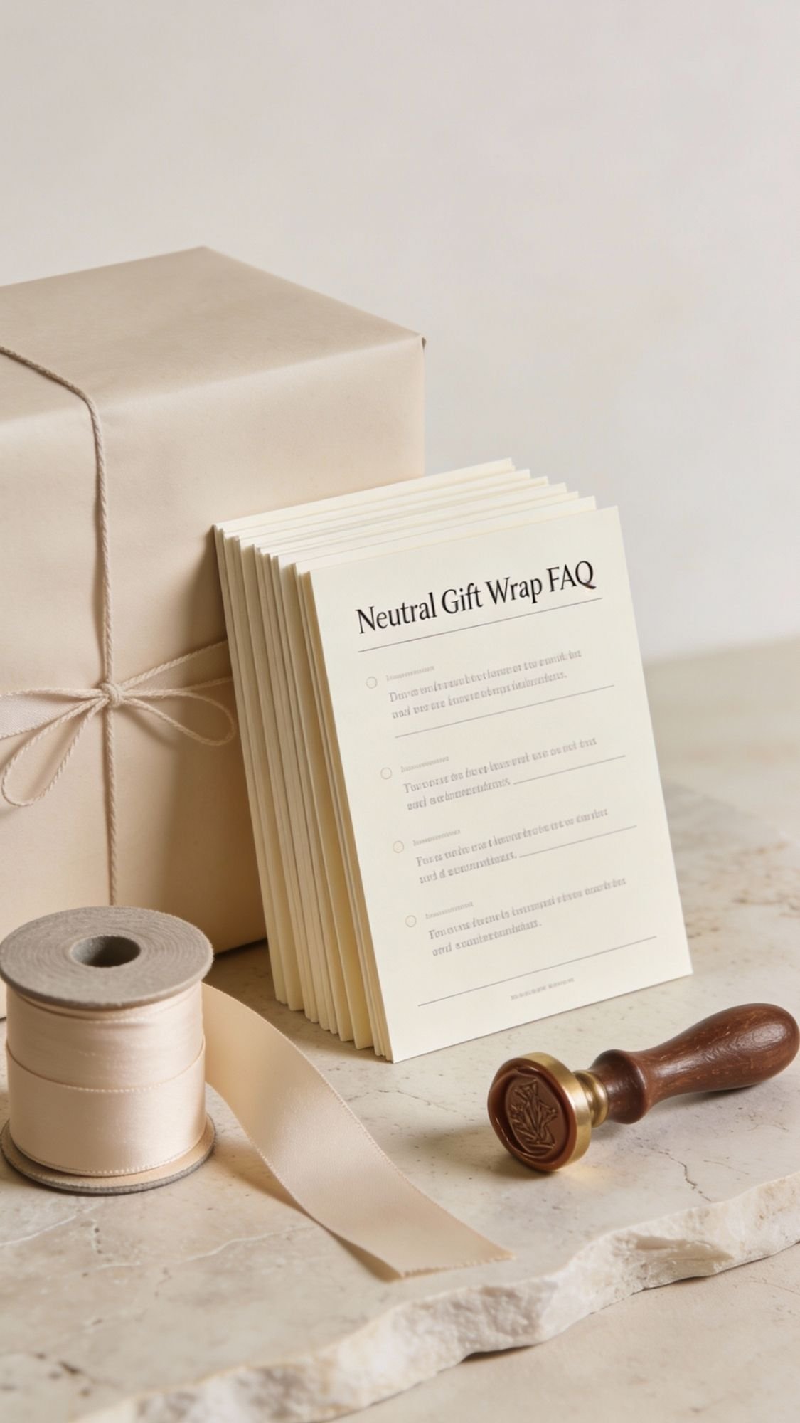 A beige gift box sits beside a spool of cream ribbon, a wooden wax seal stamp, and Neutral Gift Wrap FAQ cards—all arranged on marble—to inspire neutral aesthetic packaging for DIY presents or thoughtful gifts for mom.