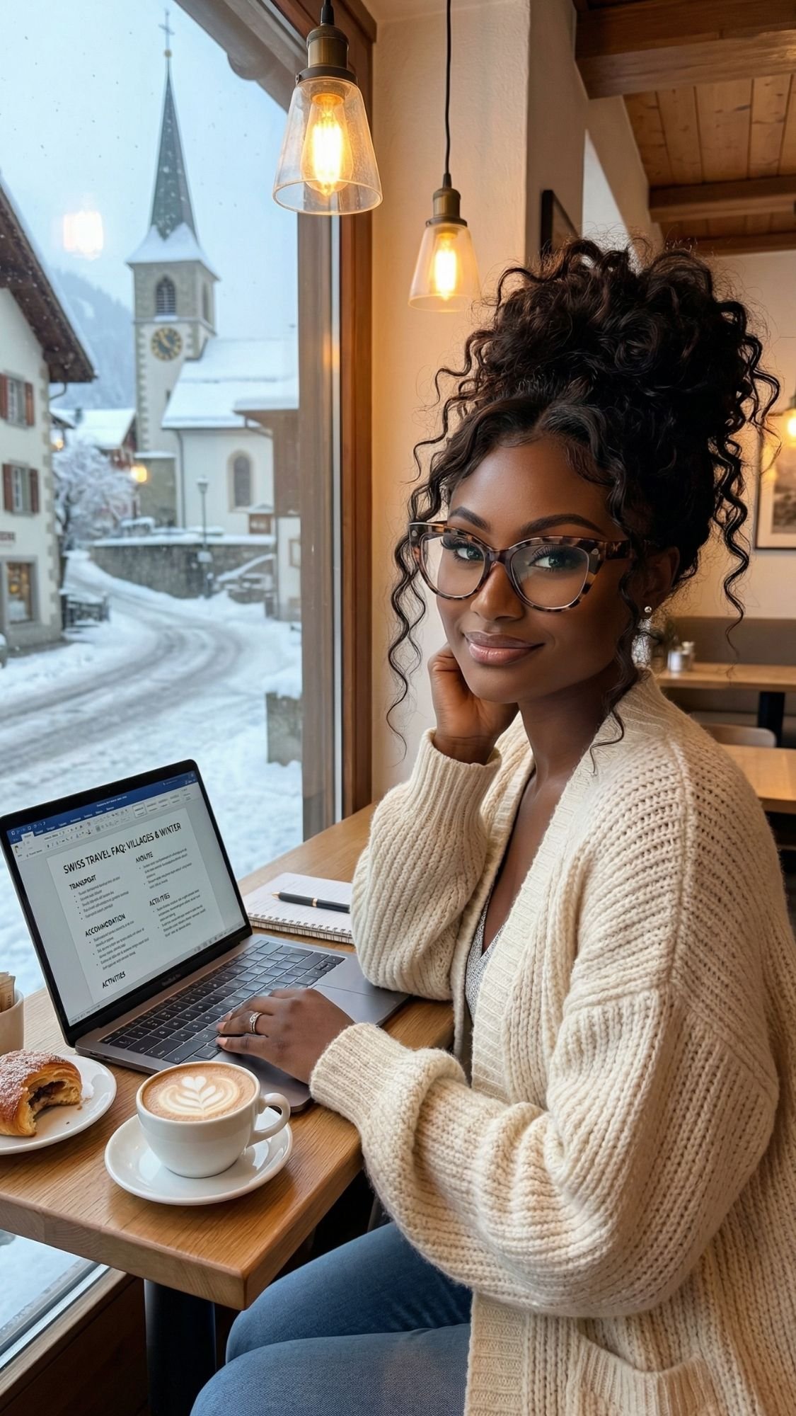 A woman in glasses and a cozy sweater sits at a café table by a snowy window in Switzerland, working on her laptop with coffee and a pastry. A fairytale village and church are visible outside, completing the perfect winter scene.